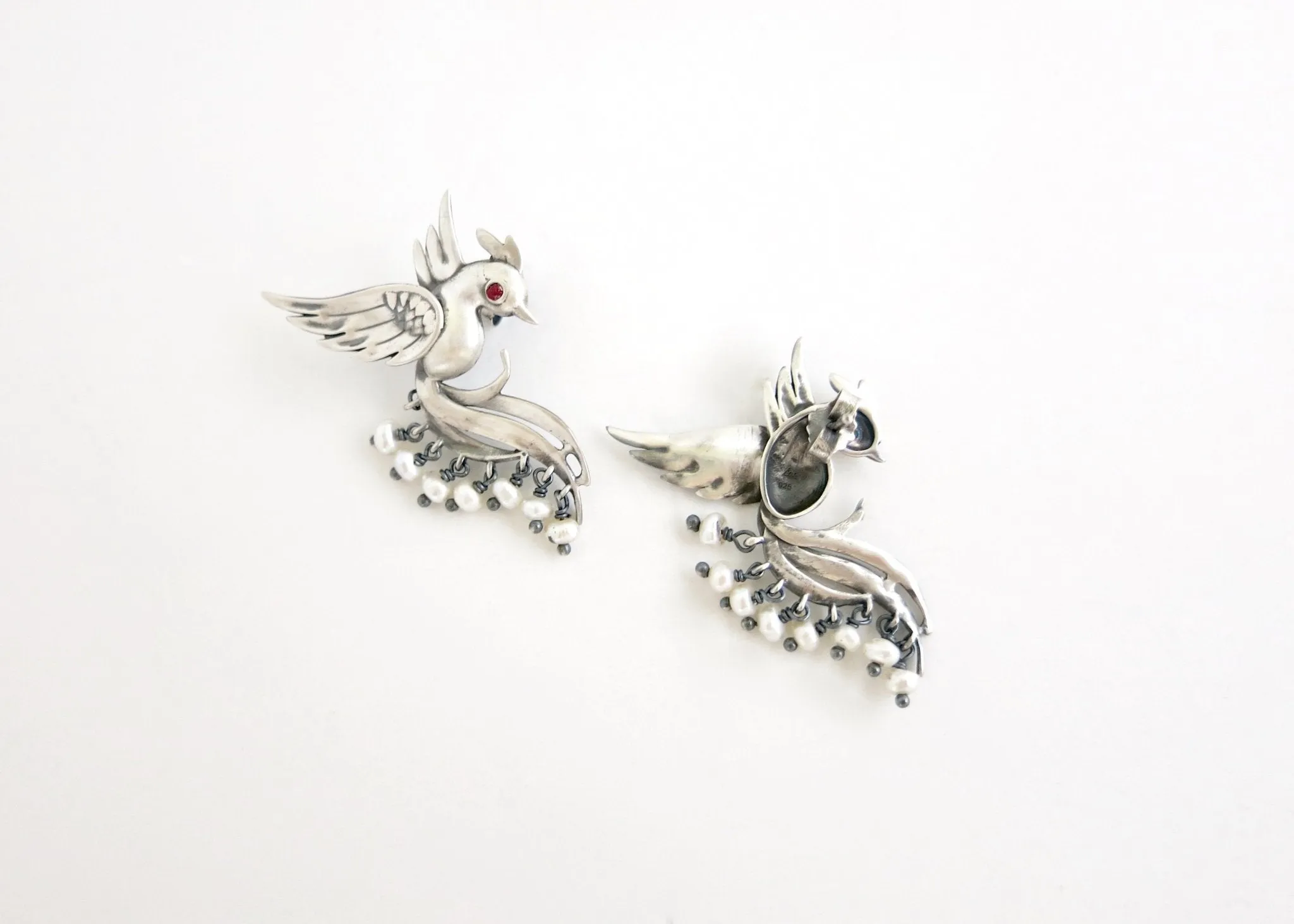 Stunning, pearl fringed, Victorian bird earrings