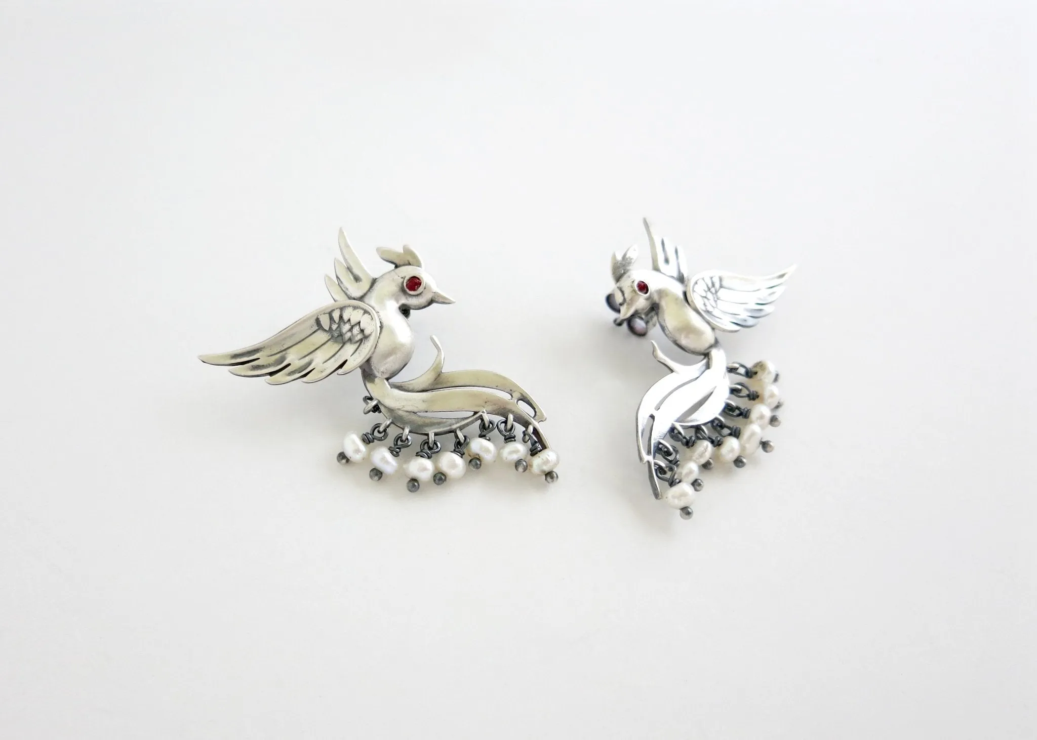 Stunning, pearl fringed, Victorian bird earrings