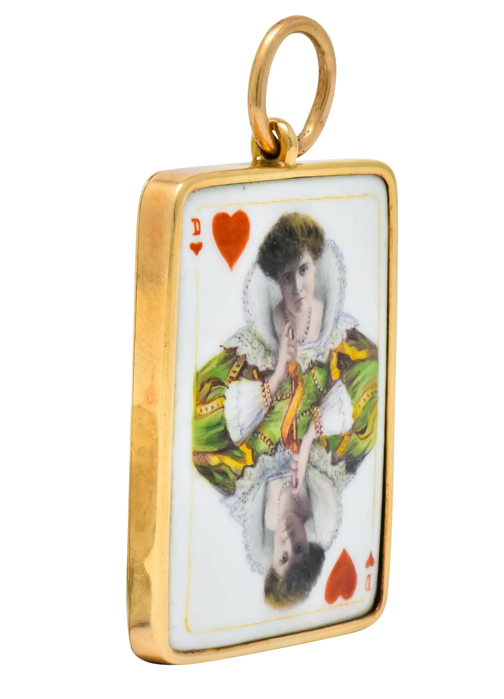 Substantial French Victorian Enamel 14 Karat Yellow Gold Queen Playing Card Pendant