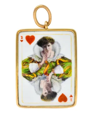 Substantial French Victorian Enamel 14 Karat Yellow Gold Queen Playing Card Pendant
