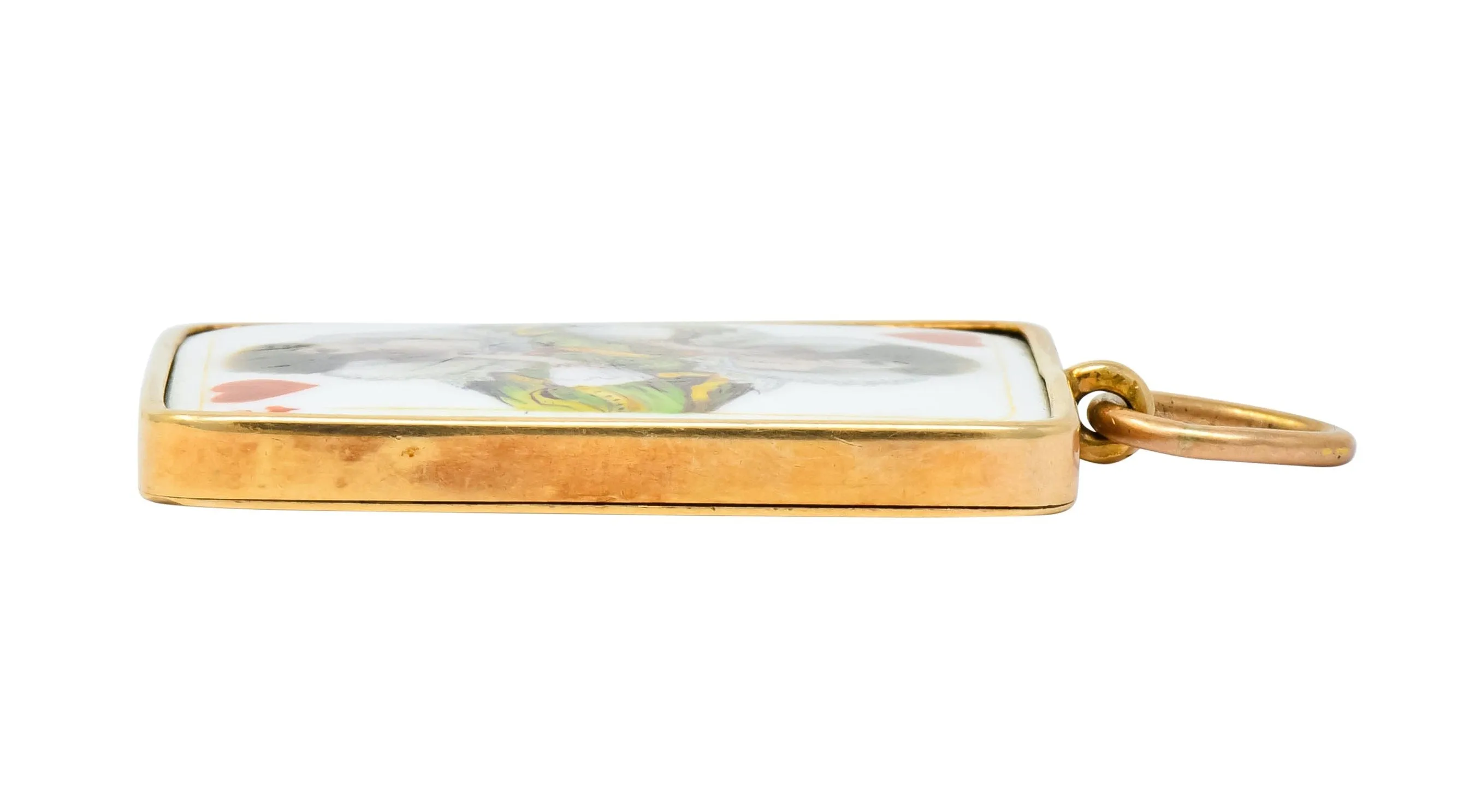 Substantial French Victorian Enamel 14 Karat Yellow Gold Queen Playing Card Pendant