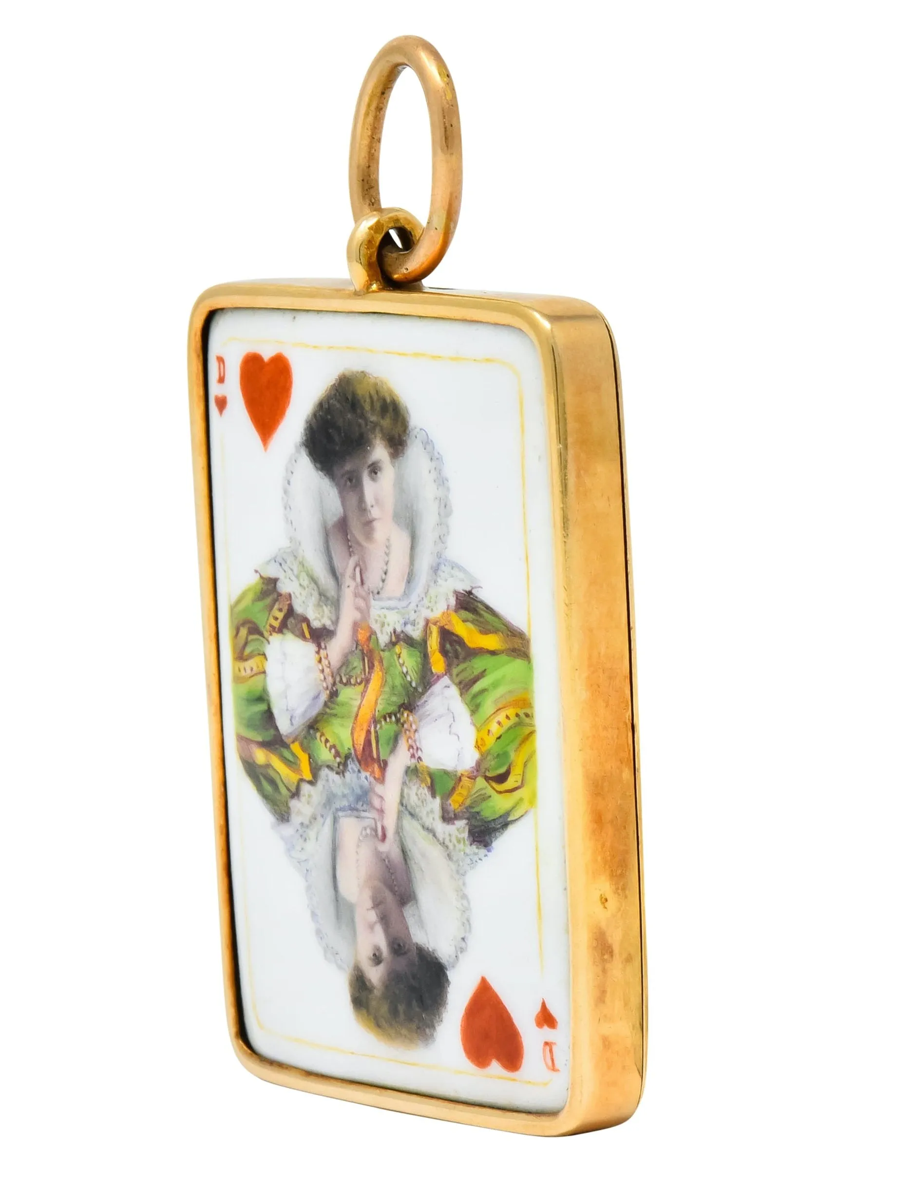 Substantial French Victorian Enamel 14 Karat Yellow Gold Queen Playing Card Pendant