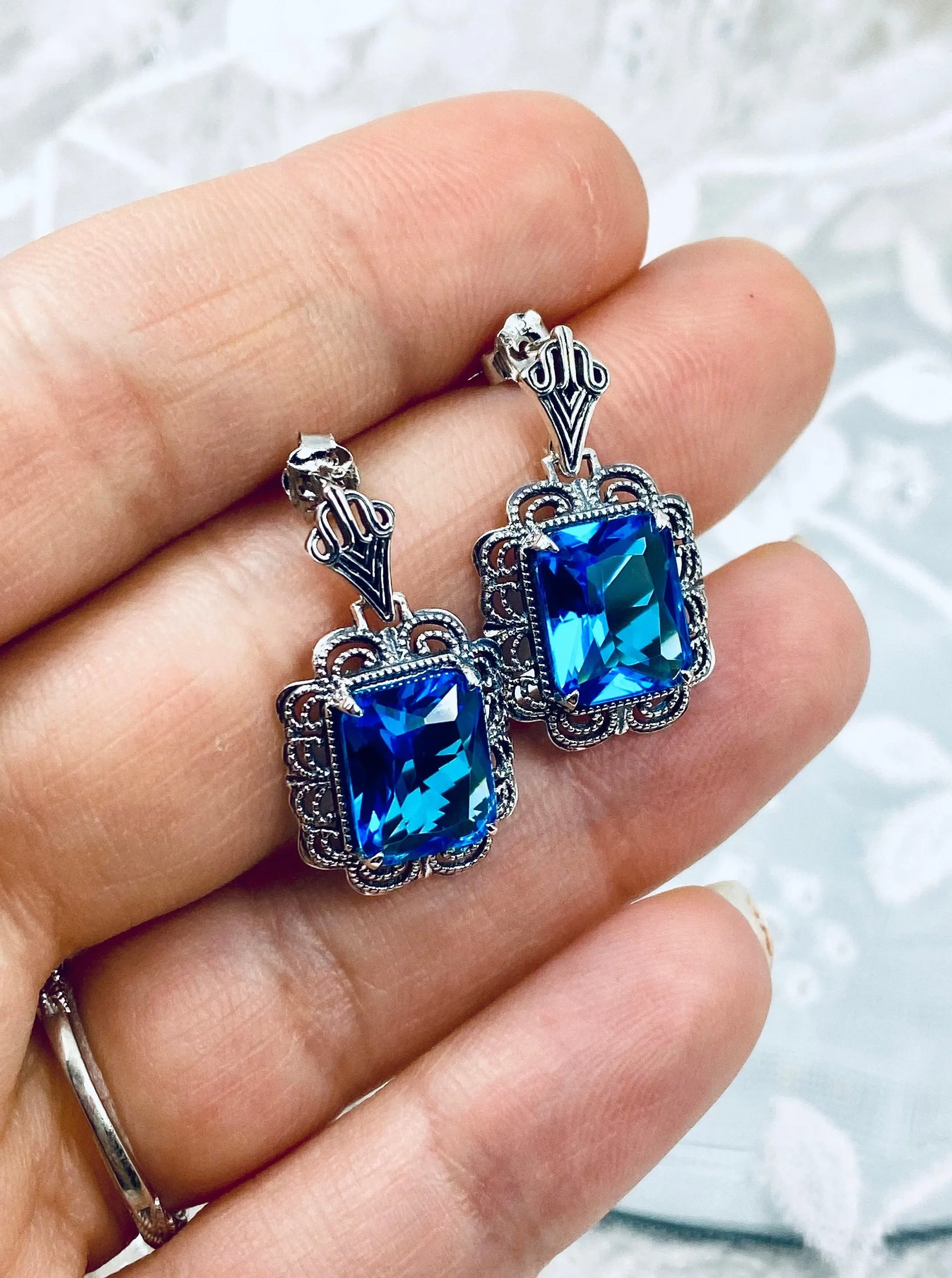 Swiss Blue Earrings, Short Festoon Victorian Filigree #E8z