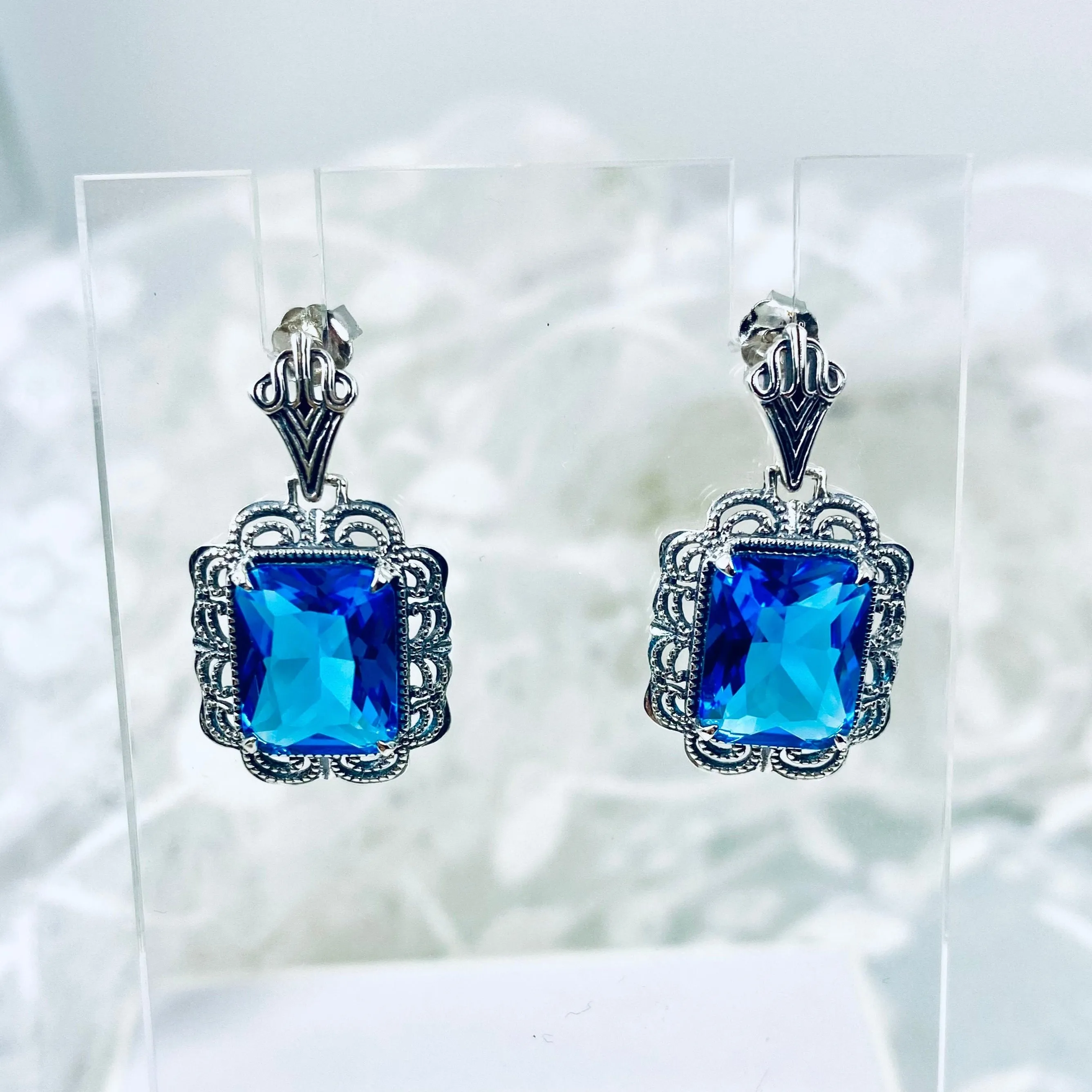 Swiss Blue Earrings, Short Festoon Victorian Filigree #E8z