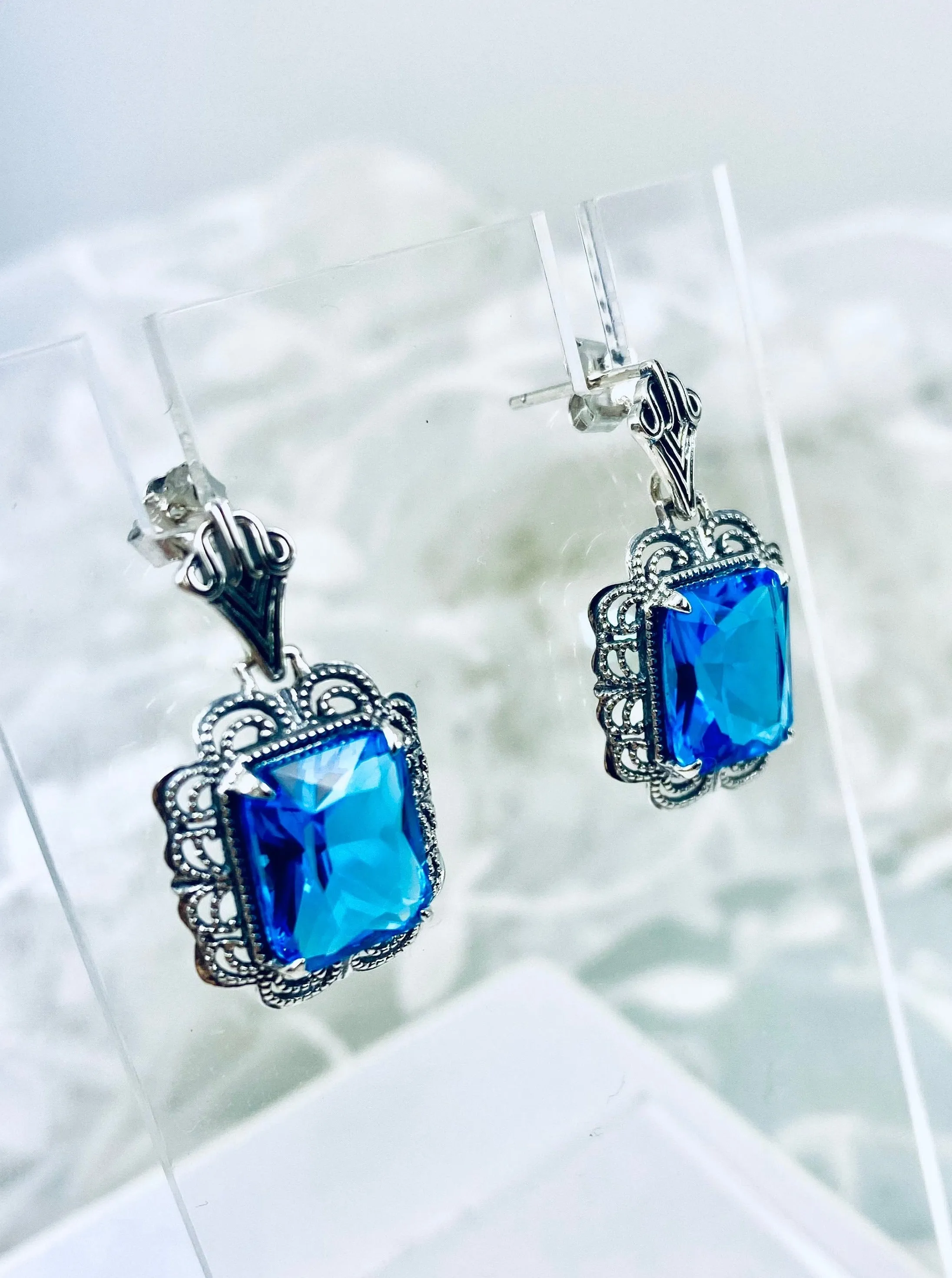 Swiss Blue Earrings, Short Festoon Victorian Filigree #E8z