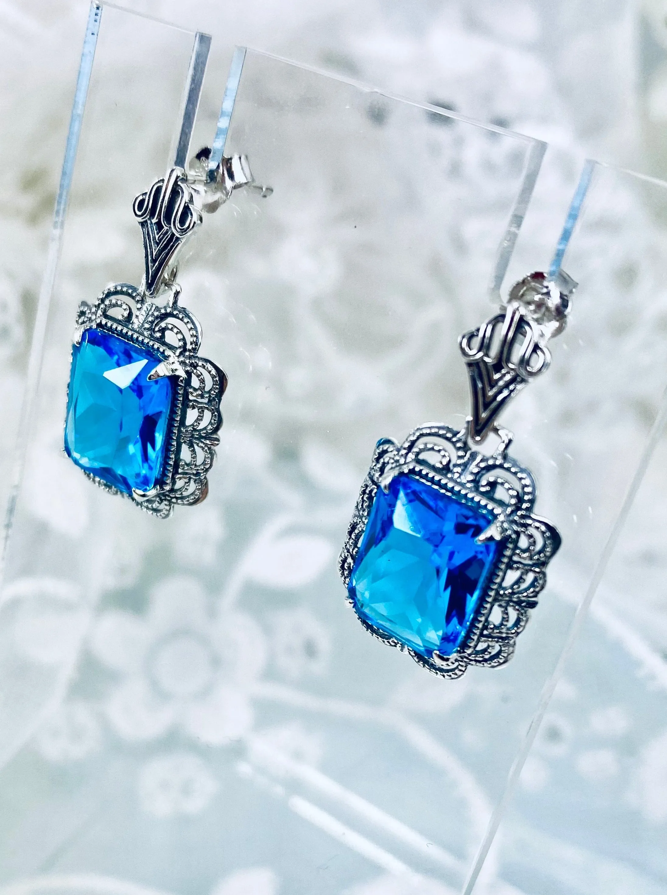 Swiss Blue Earrings, Short Festoon Victorian Filigree #E8z