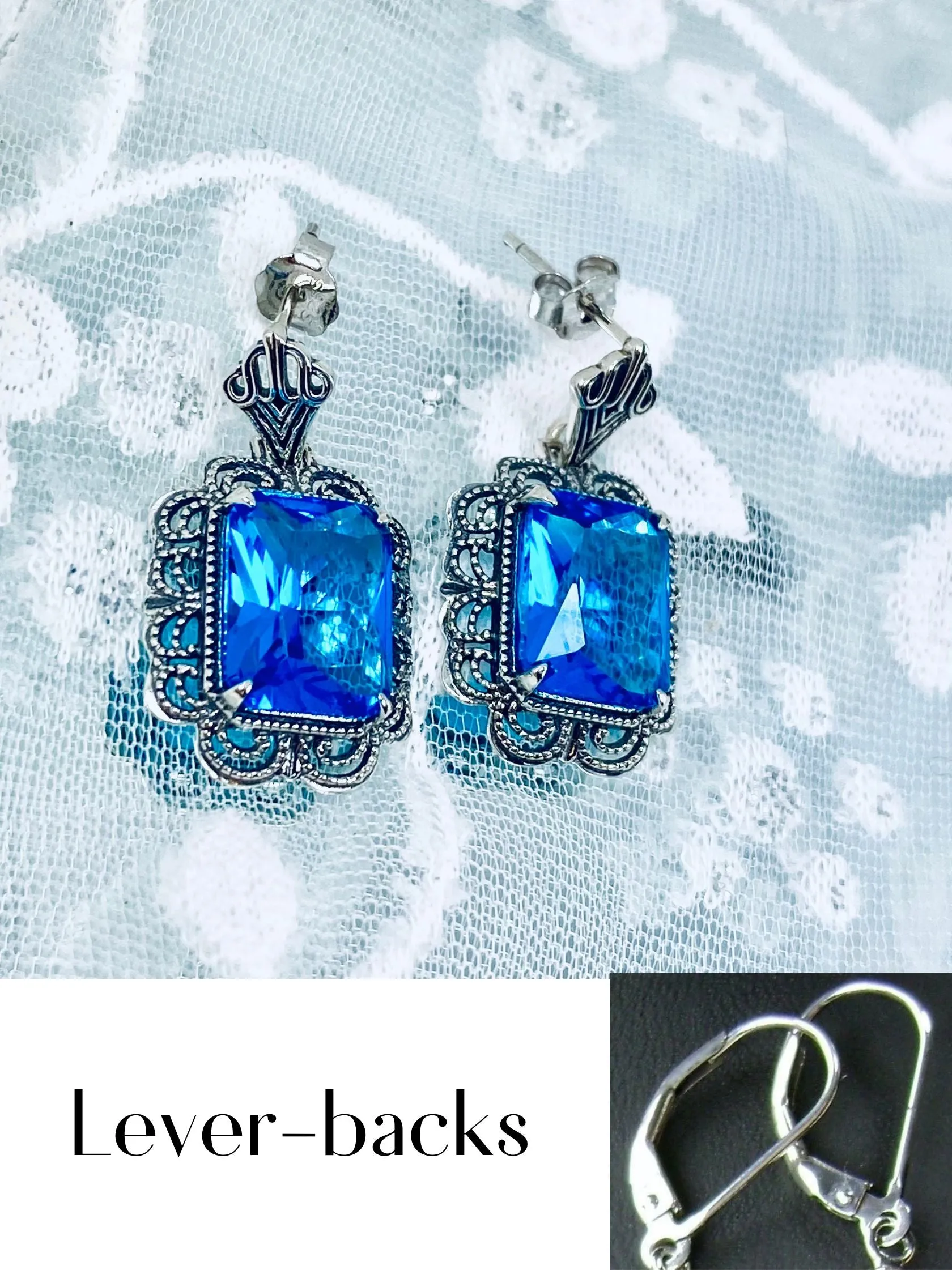 Swiss Blue Earrings, Short Festoon Victorian Filigree #E8z