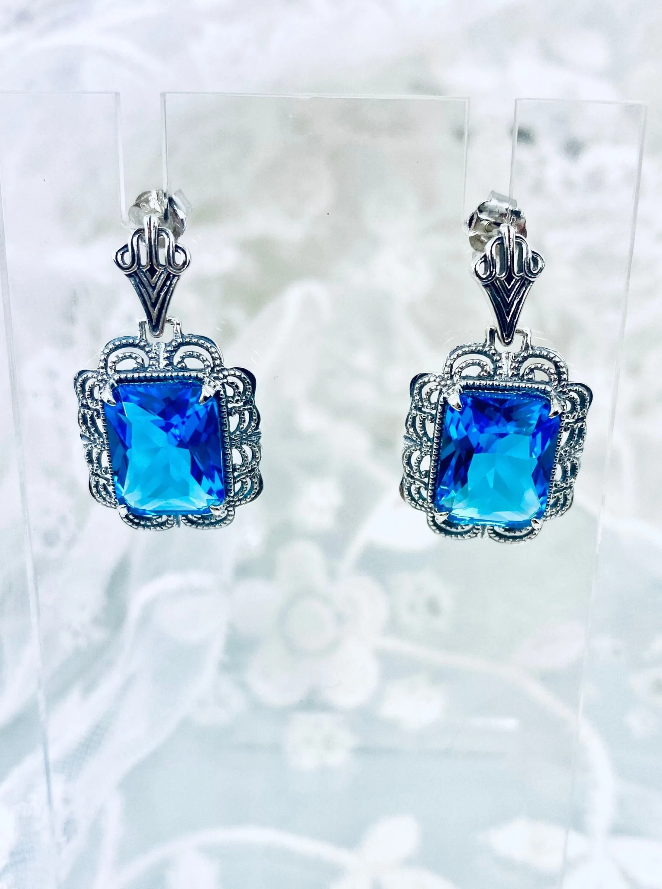 Swiss Blue Earrings, Short Festoon Victorian Filigree #E8z