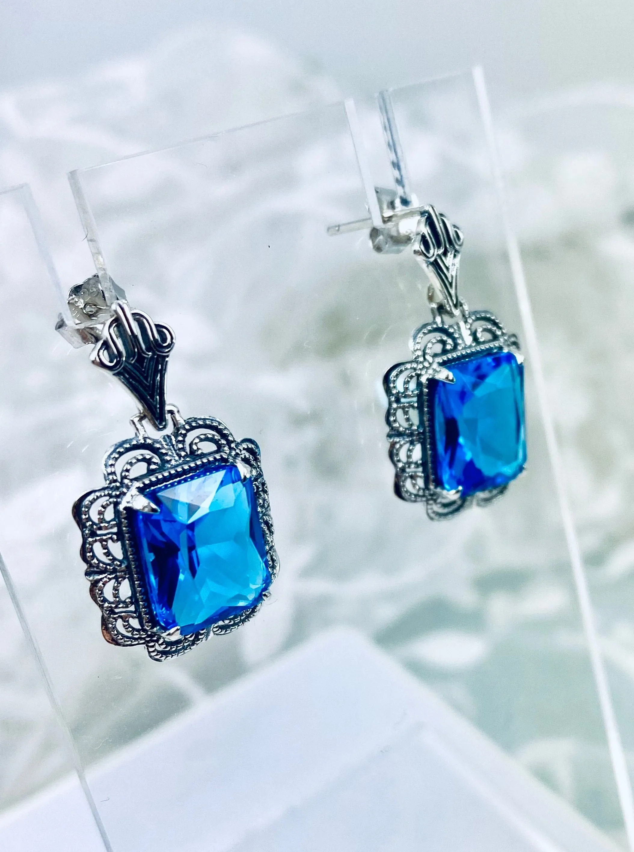 Swiss Blue Earrings, Short Festoon Victorian Filigree #E8z