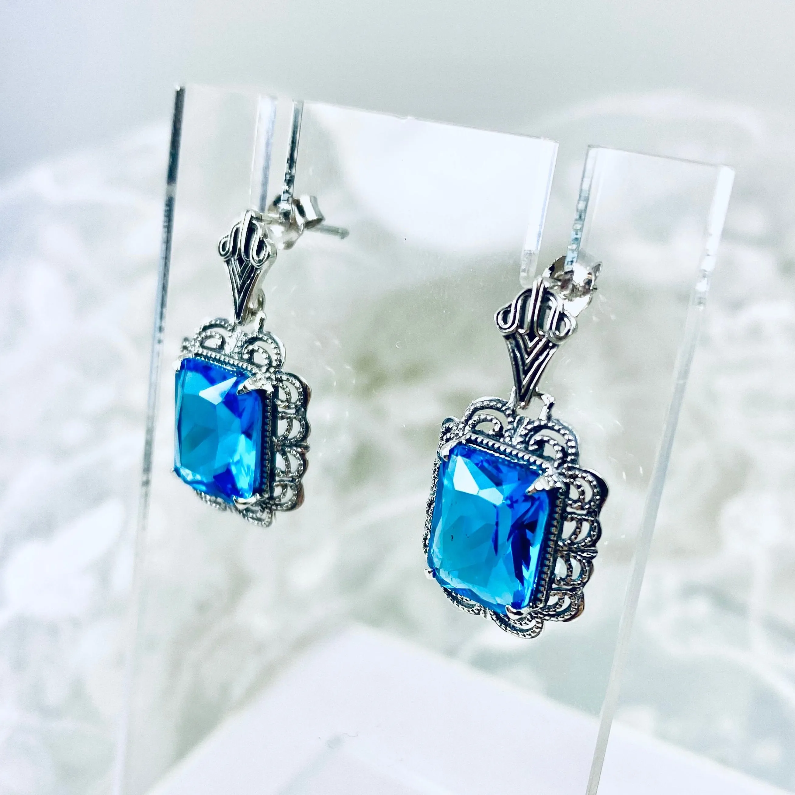 Swiss Blue Earrings, Short Festoon Victorian Filigree #E8z
