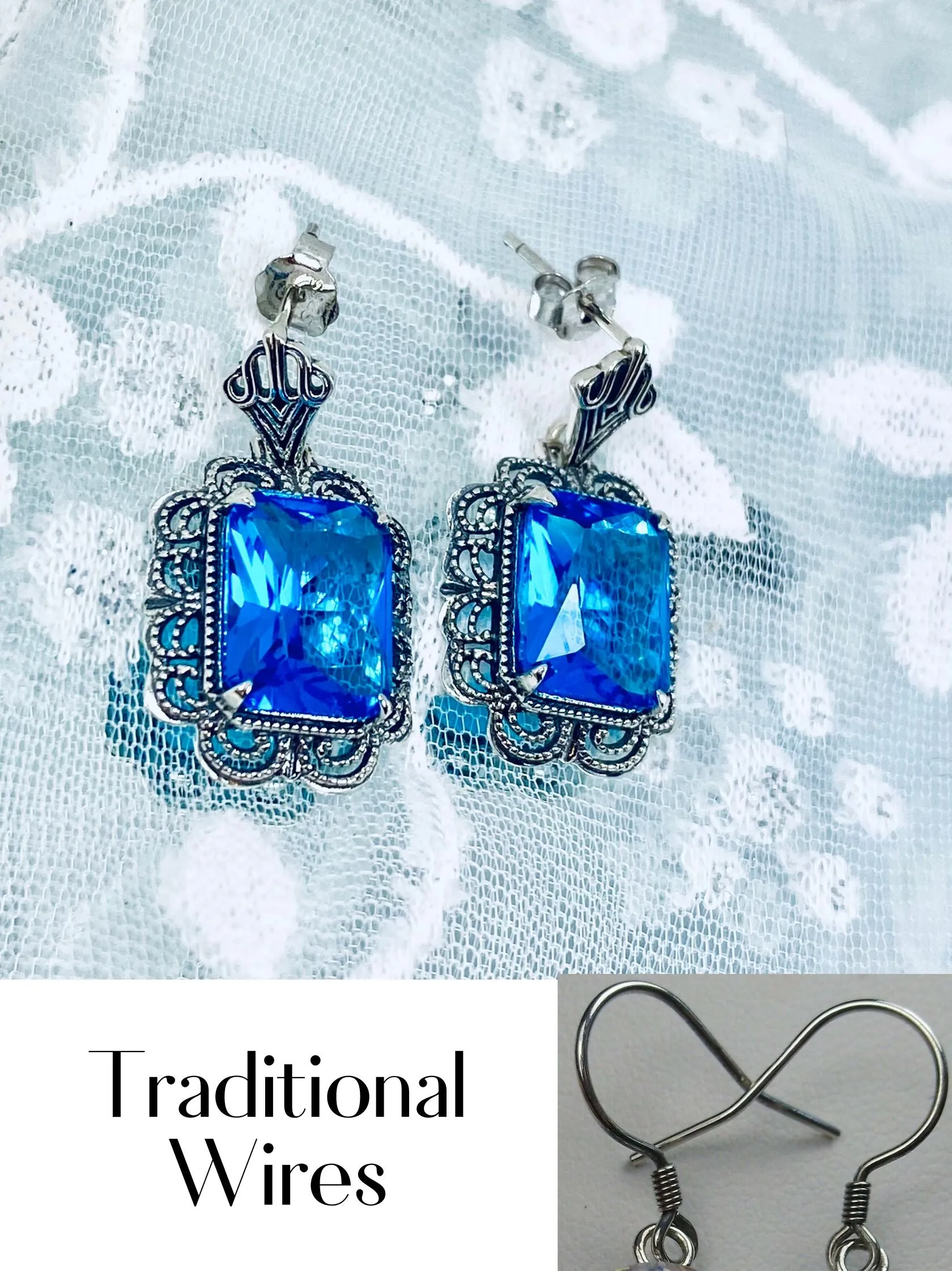 Swiss Blue Earrings, Short Festoon Victorian Filigree #E8z