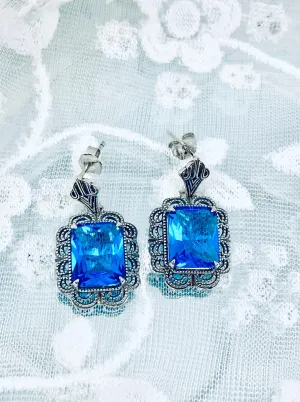 Swiss Blue Earrings, Short Festoon Victorian Filigree #E8z