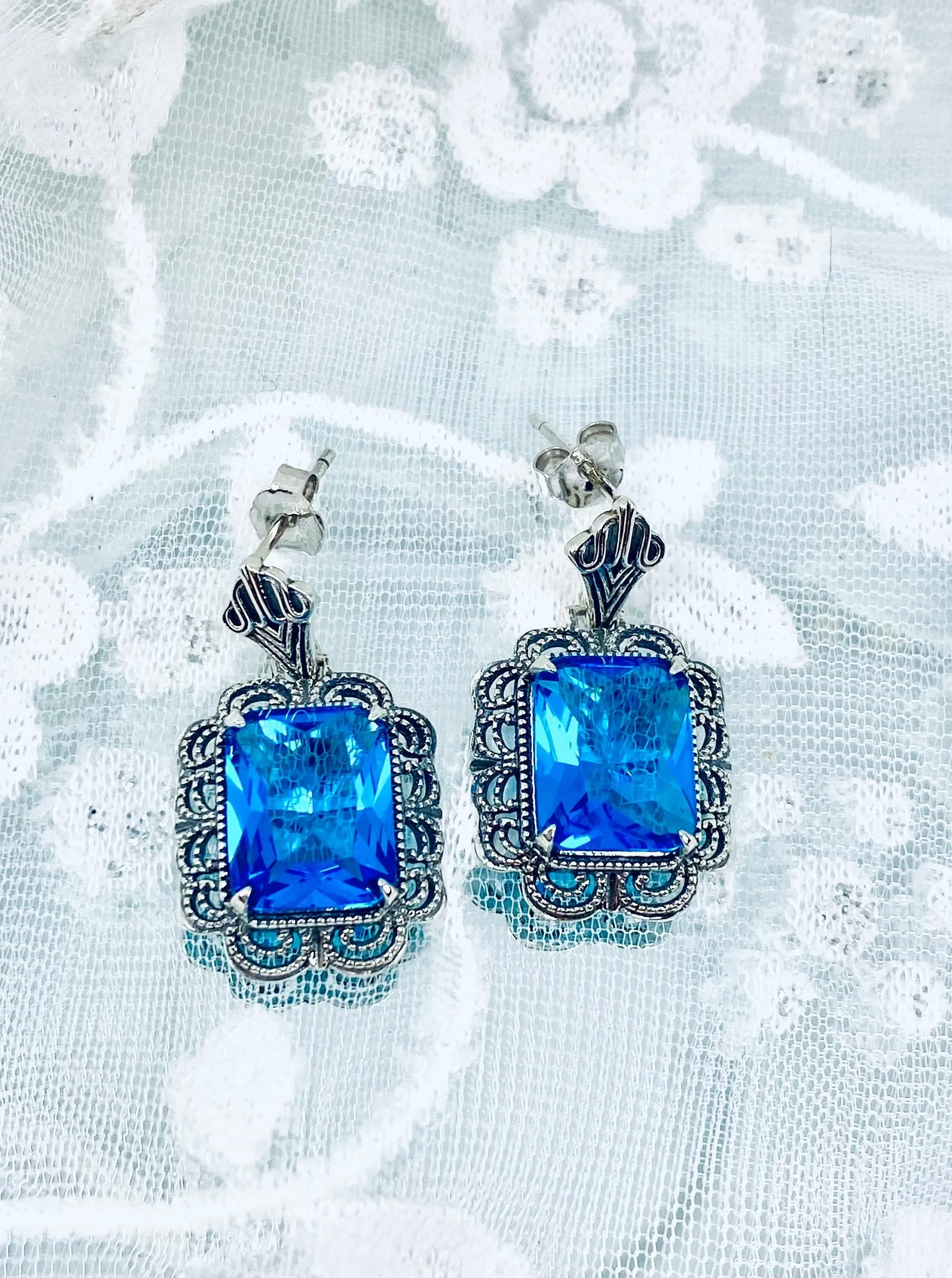 Swiss Blue Earrings, Short Festoon Victorian Filigree #E8z