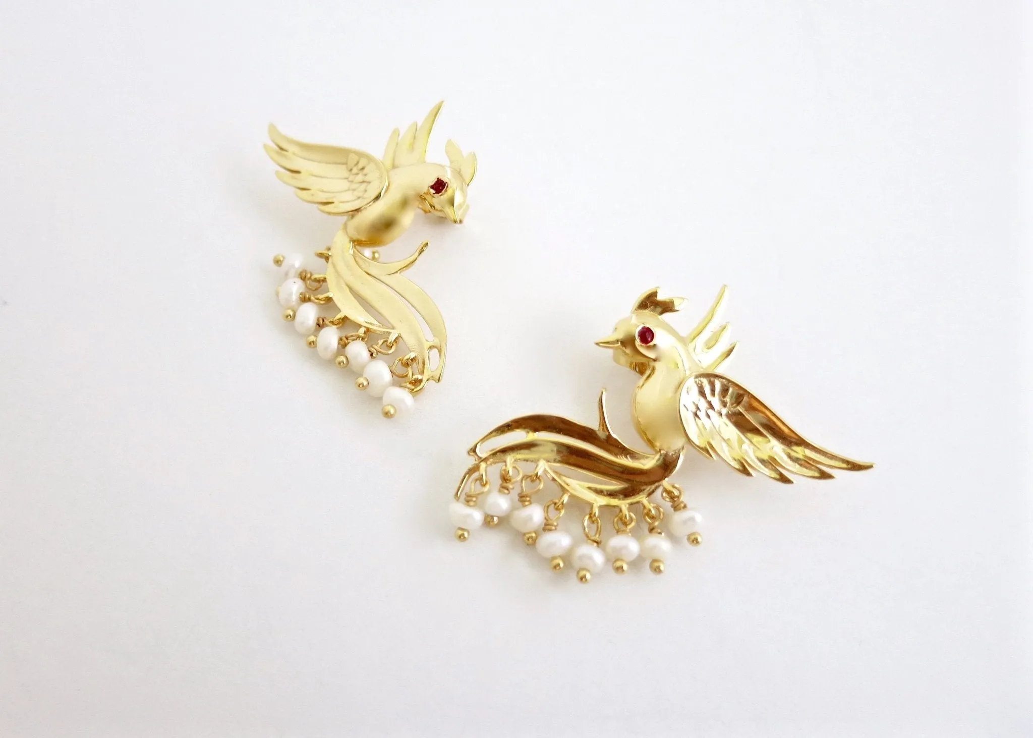 Timeless, pearl fringed, gold-plated Victorian bird earrings