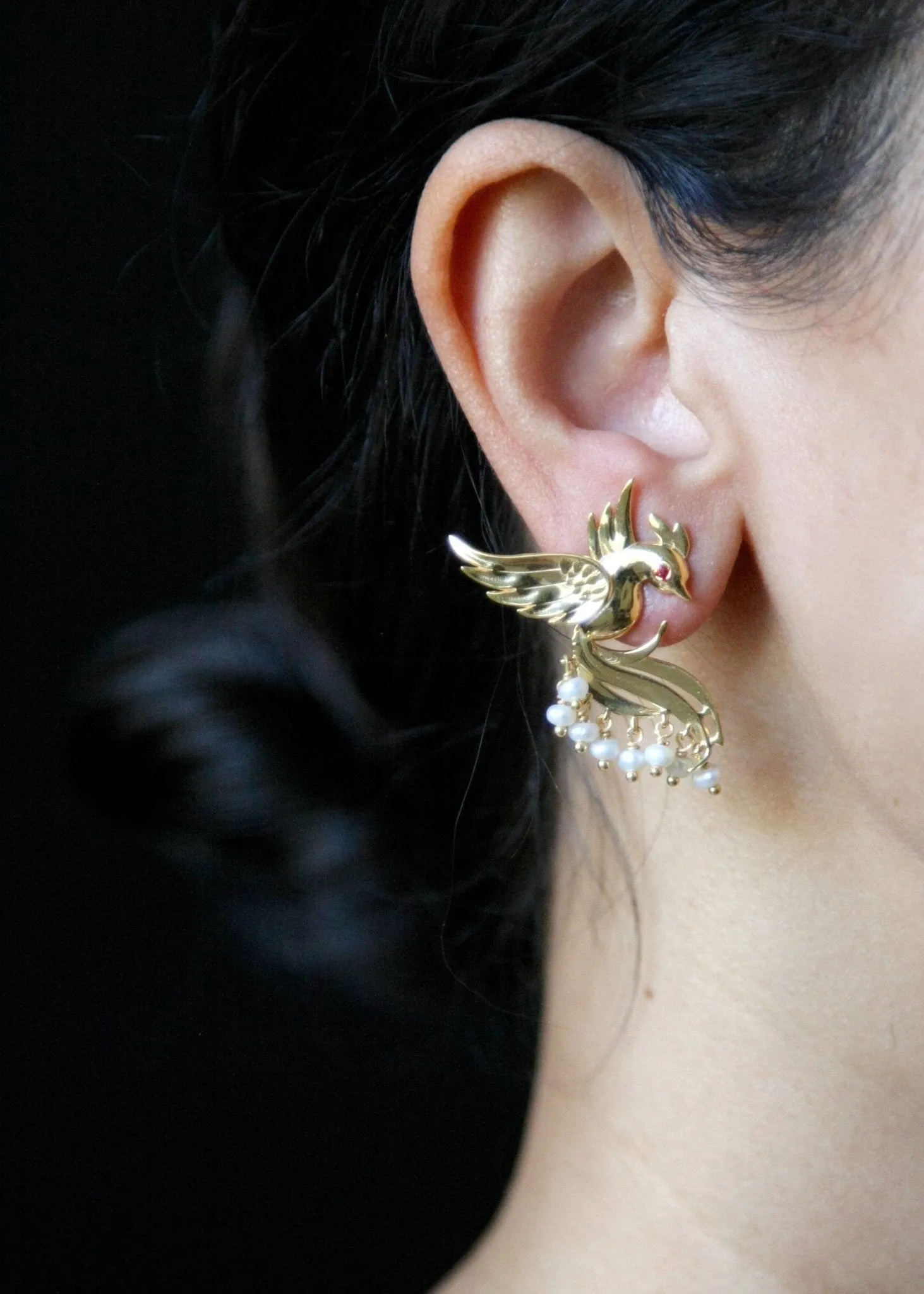 Timeless, pearl fringed, gold-plated Victorian bird earrings