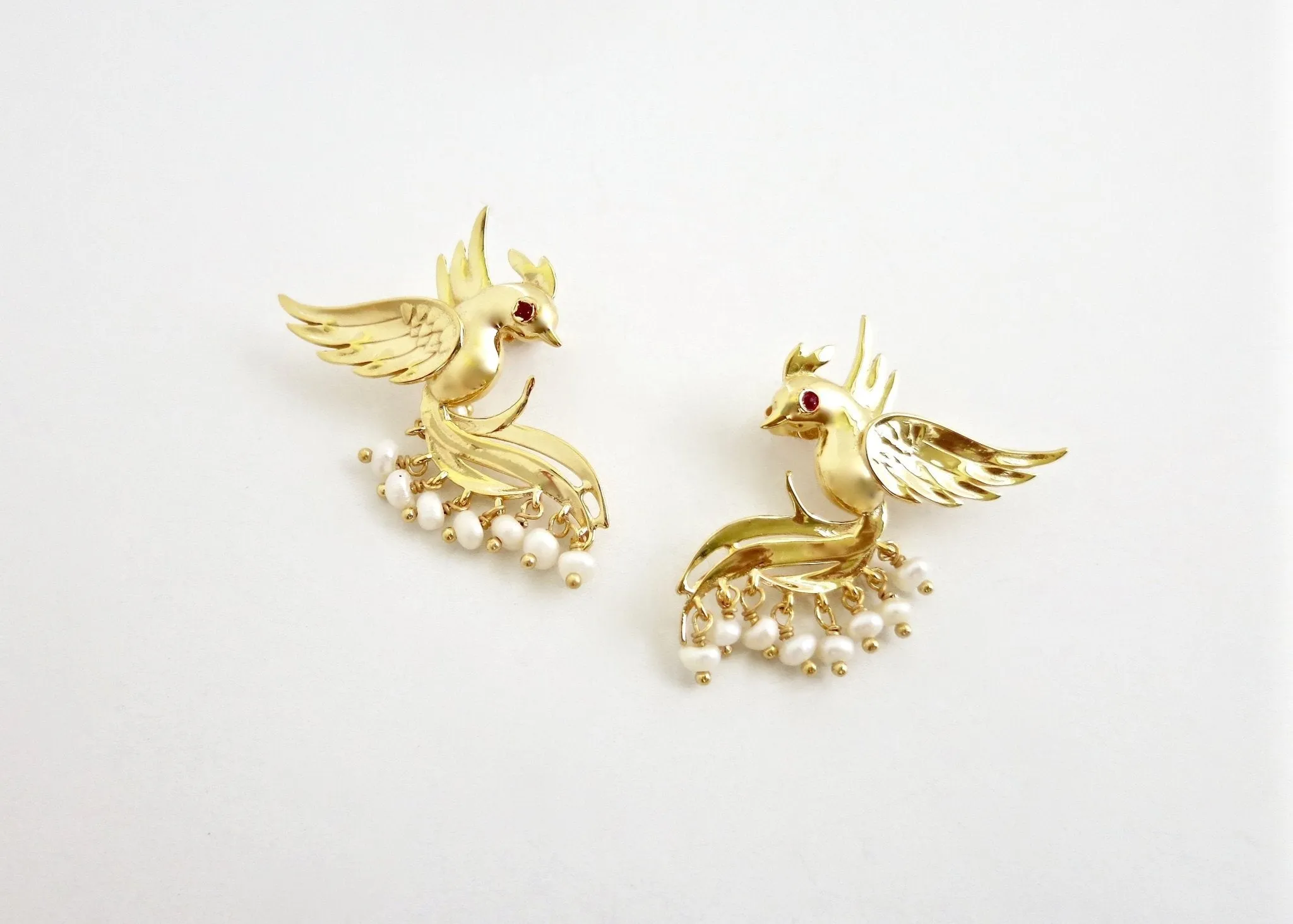 Timeless, pearl fringed, gold-plated Victorian bird earrings