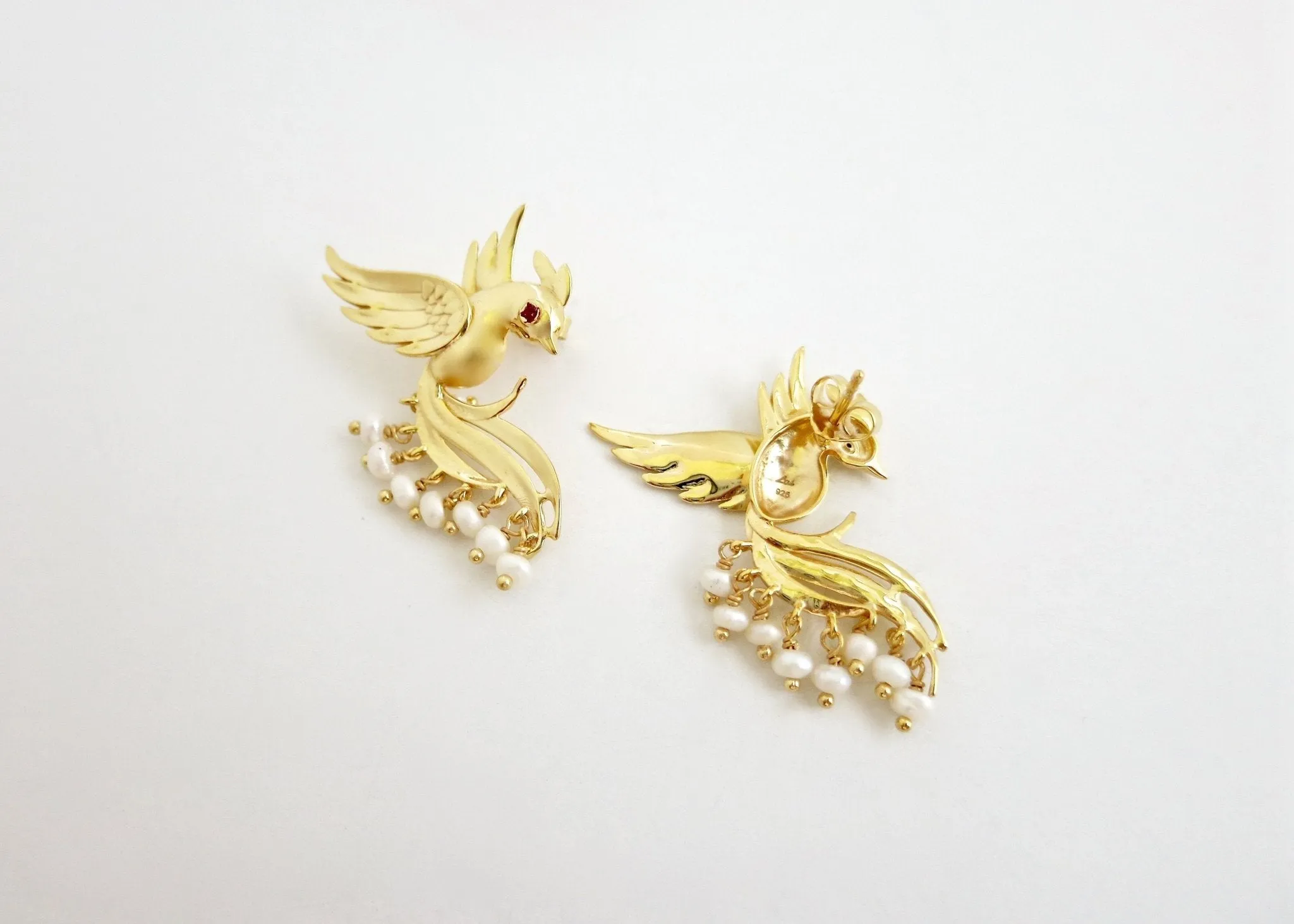Timeless, pearl fringed, gold-plated Victorian bird earrings