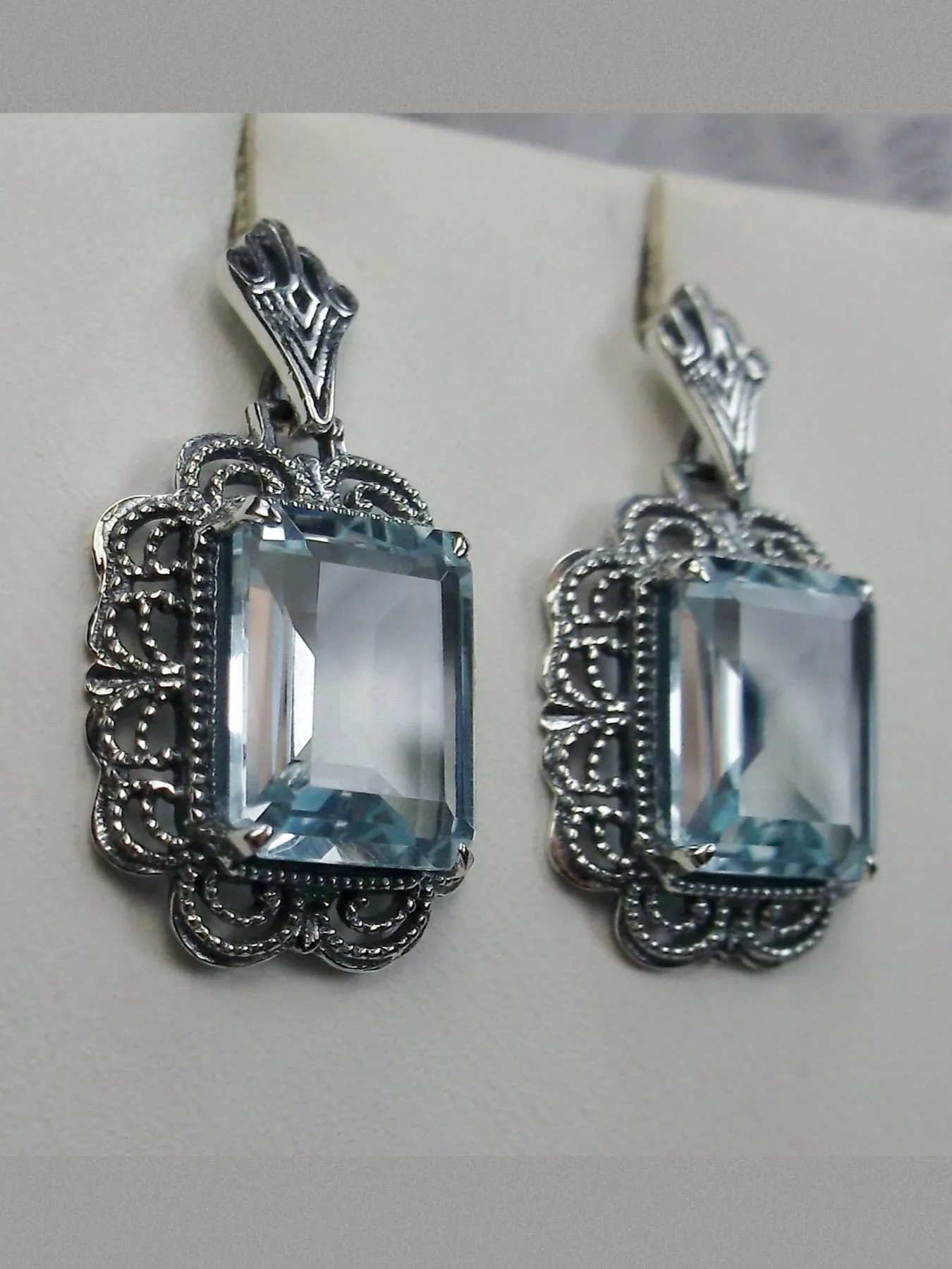 Topaz Earrings, Natural Blue Gemstones, Short Festoon Filigree #E8z