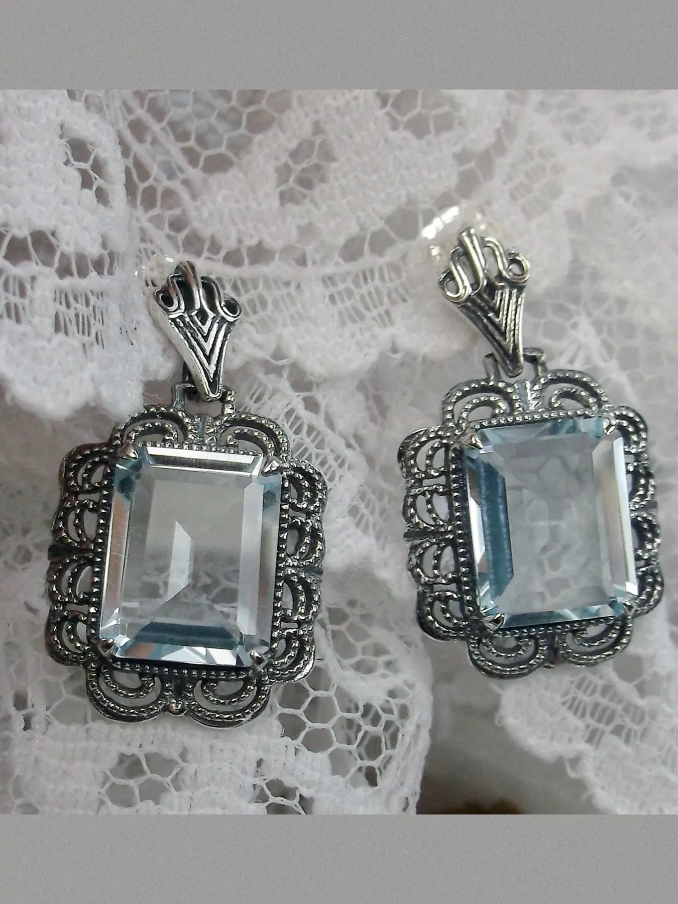 Topaz Earrings, Natural Blue Gemstones, Short Festoon Filigree #E8z