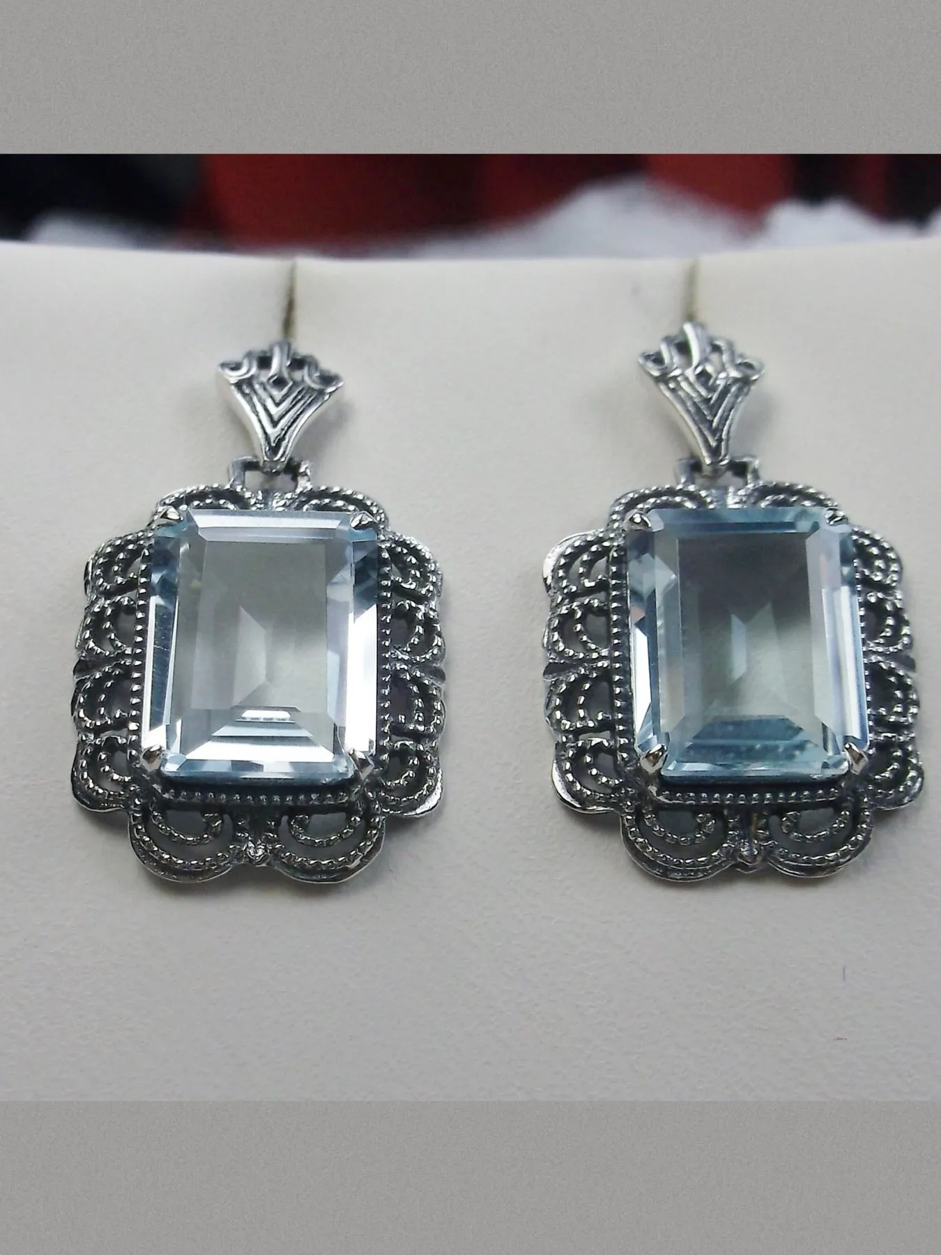 Topaz Earrings, Natural Blue Gemstones, Short Festoon Filigree #E8z