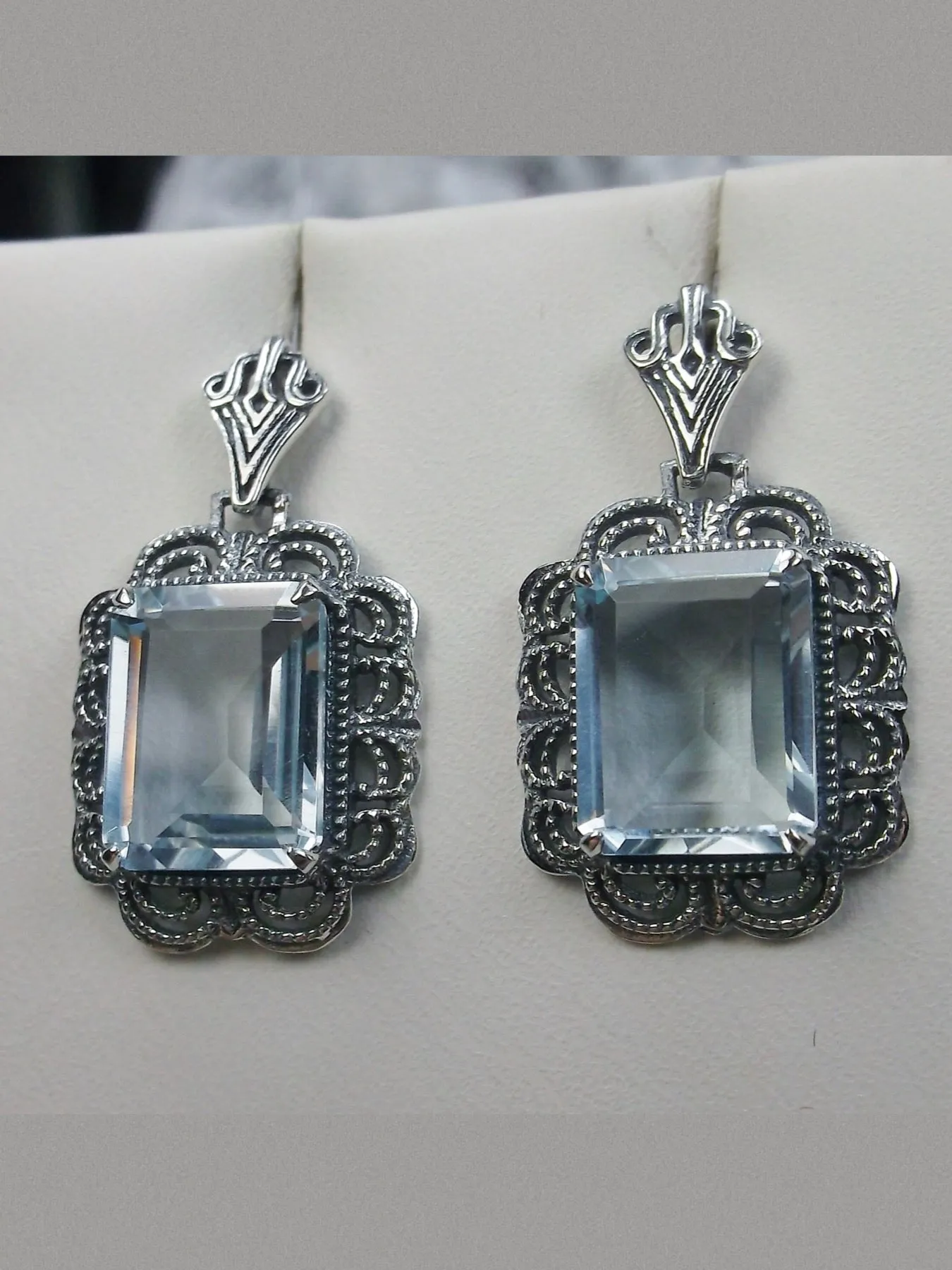 Topaz Earrings, Natural Blue Gemstones, Short Festoon Filigree #E8z