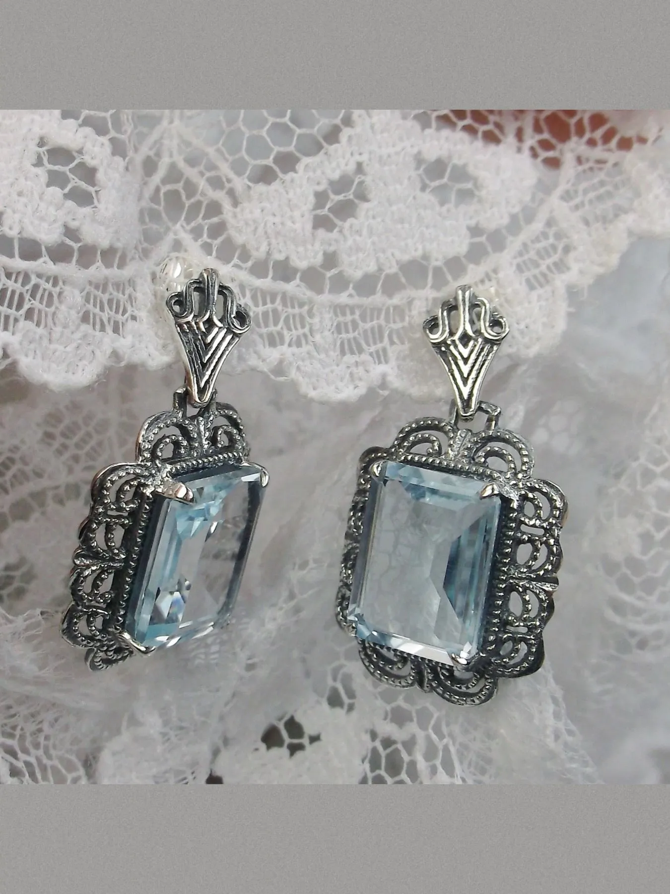 Topaz Earrings, Natural Blue Gemstones, Short Festoon Filigree #E8z