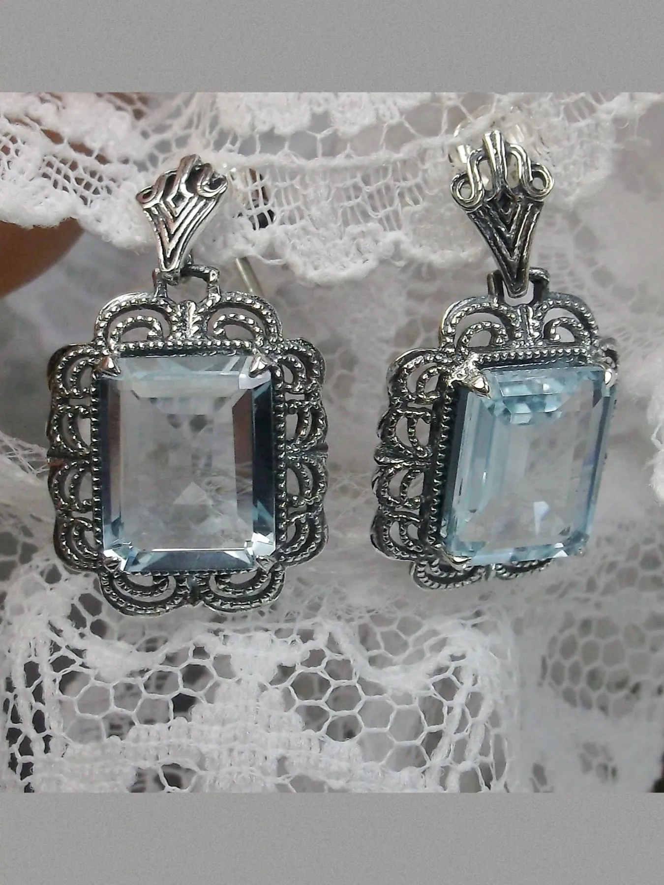 Topaz Earrings, Natural Blue Gemstones, Short Festoon Filigree #E8z