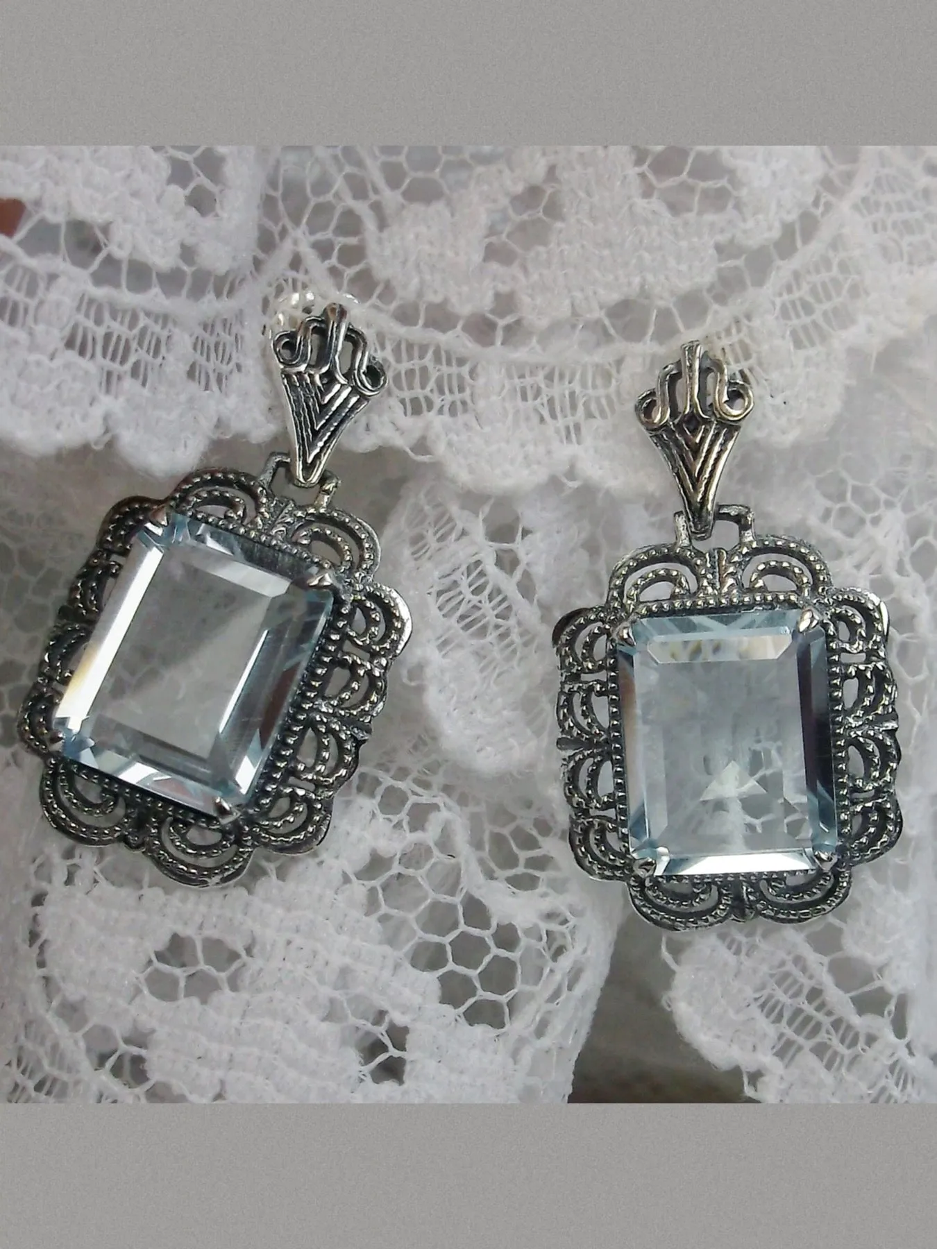 Topaz Earrings, Natural Blue Gemstones, Short Festoon Filigree #E8z