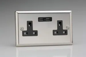 Varilight XC5U2B 13A Socket 2-Gang With USB Black Mirror Chrome