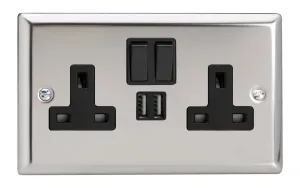 Varilight XC5U2SB 13A Socket 2-Gang With USB Black Mirror Chrome