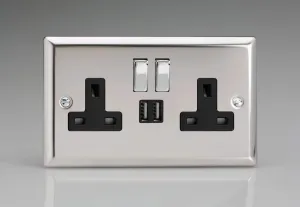 Varilight XC5U2SDB 13A Socket 2-Gang With USB Black Mirror Chrome