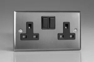 Varilight XT5B 13A Switched Socket Brushed Steel Black 2-Gang
