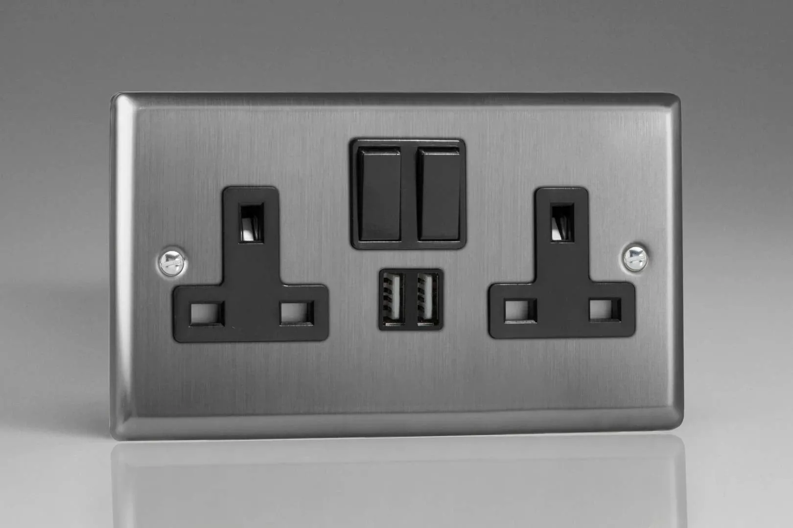 Varilight XT5U2SB 13A Socket 2-Gang With USB Brushed Steel Black