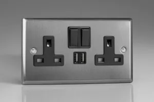 Varilight XT5U2SB 13A Socket 2-Gang With USB Brushed Steel Black