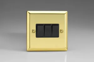 Varilight XV3B Rocker Switches Black 3 Gang Victorian Brass