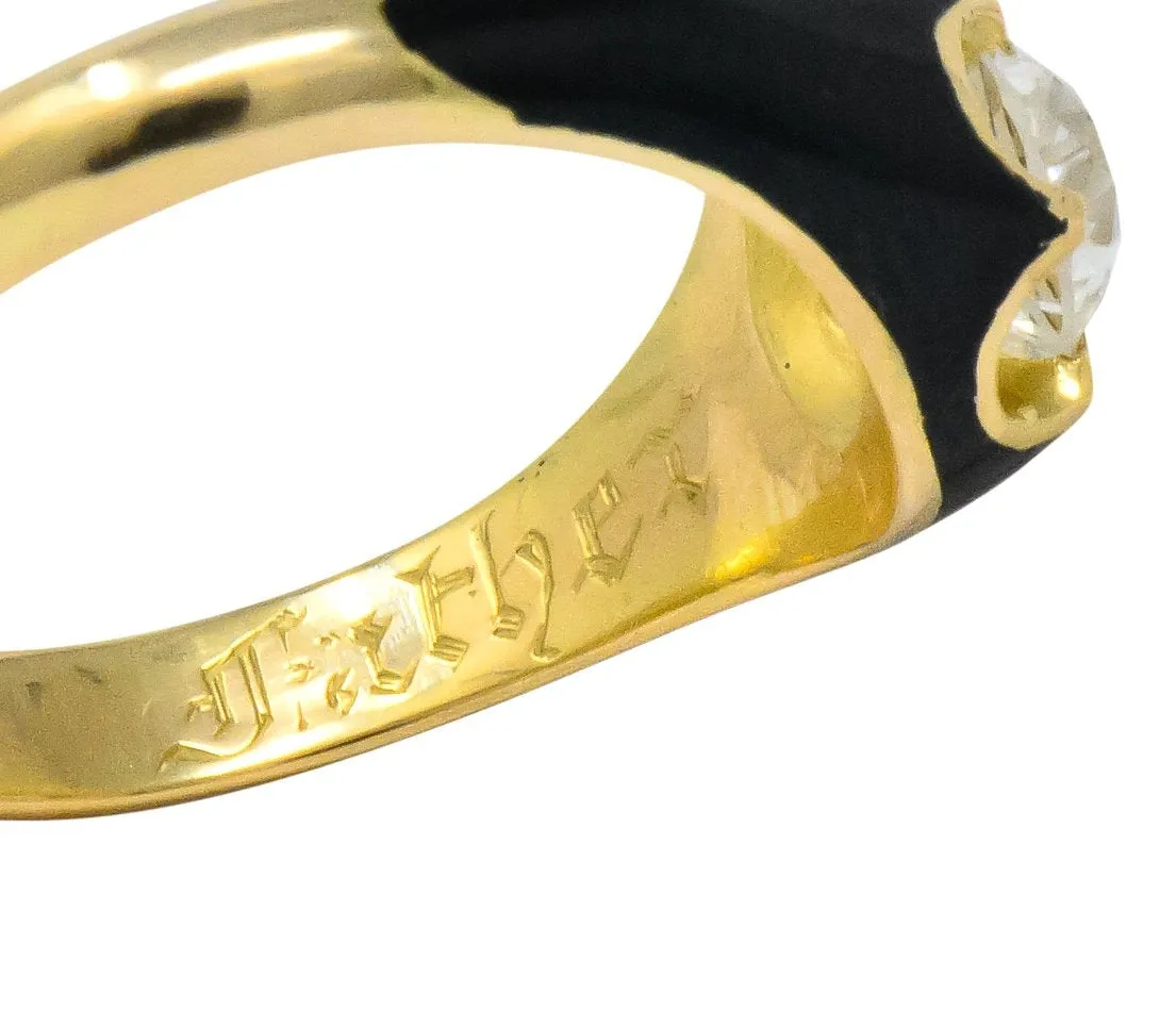 Victorian 0.80 CTW Old European Diamond Enamel 18 Karat Gold Mourning Ring