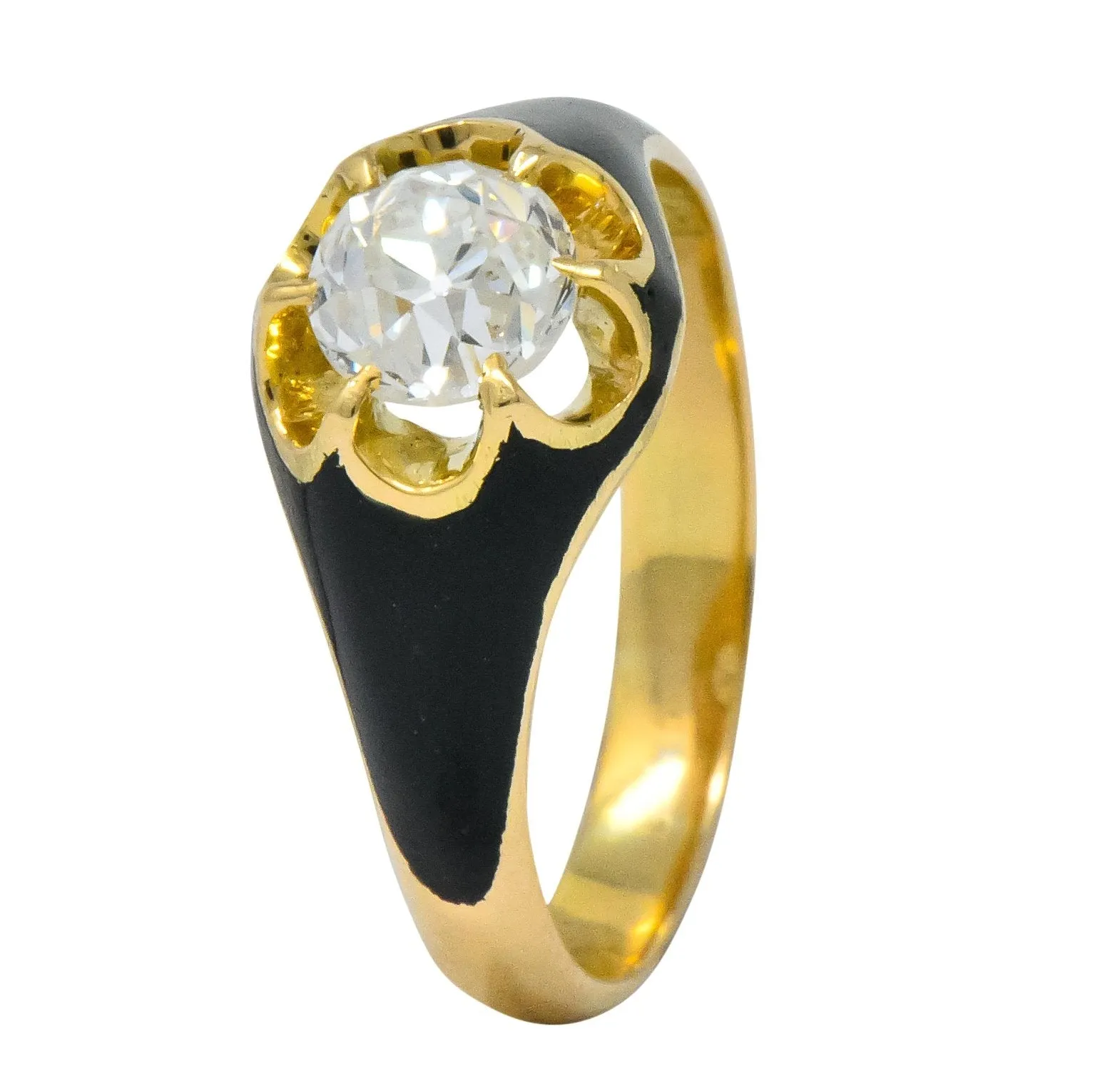 Victorian 0.80 CTW Old European Diamond Enamel 18 Karat Gold Mourning Ring