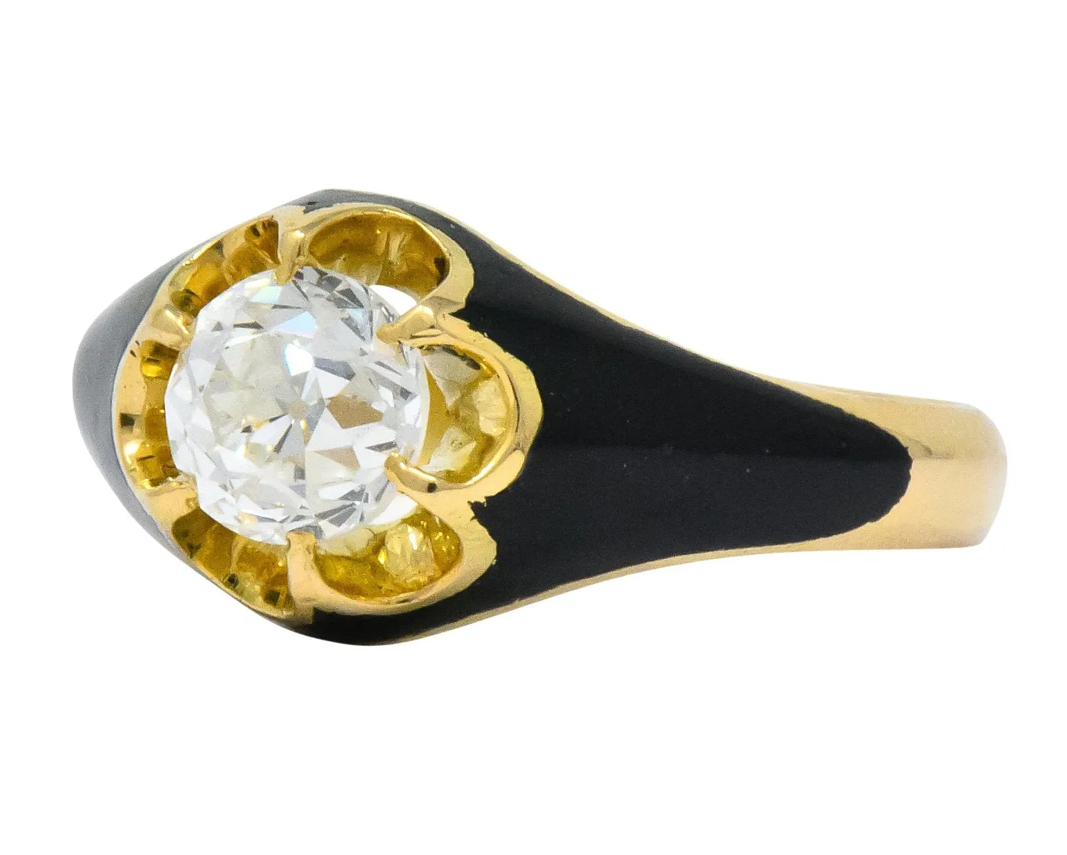 Victorian 0.80 CTW Old European Diamond Enamel 18 Karat Gold Mourning Ring