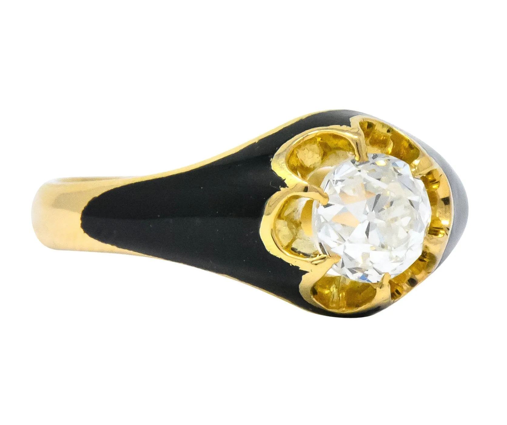 Victorian 0.80 CTW Old European Diamond Enamel 18 Karat Gold Mourning Ring