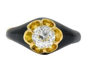 Victorian 0.80 CTW Old European Diamond Enamel 18 Karat Gold Mourning Ring