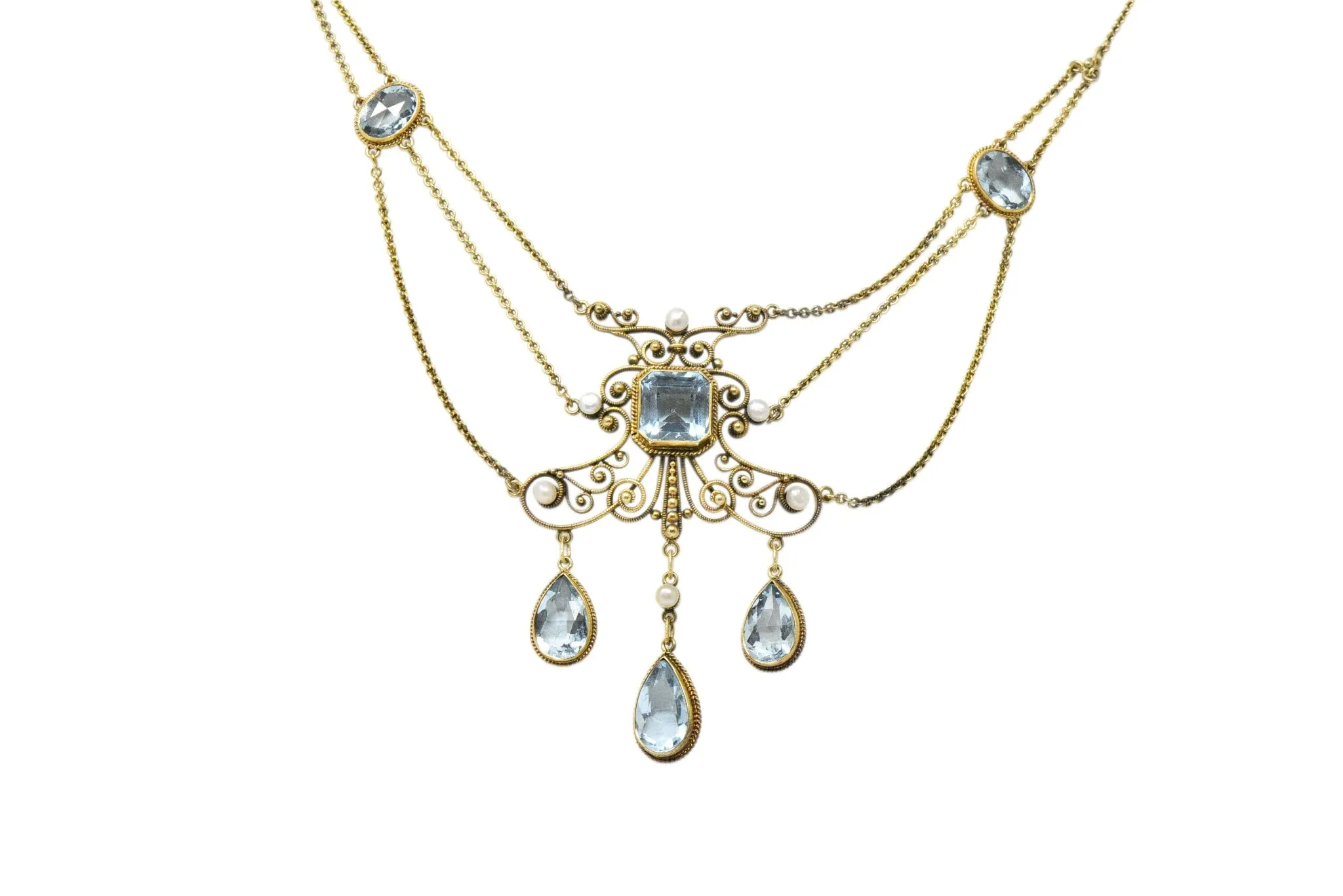 Victorian 10.00 CTW Aquamarine Seed Pearl 14 Karat Gold Swag Necklace