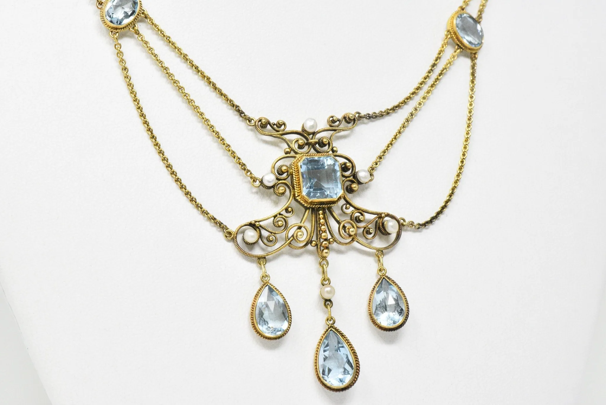 Victorian 10.00 CTW Aquamarine Seed Pearl 14 Karat Gold Swag Necklace