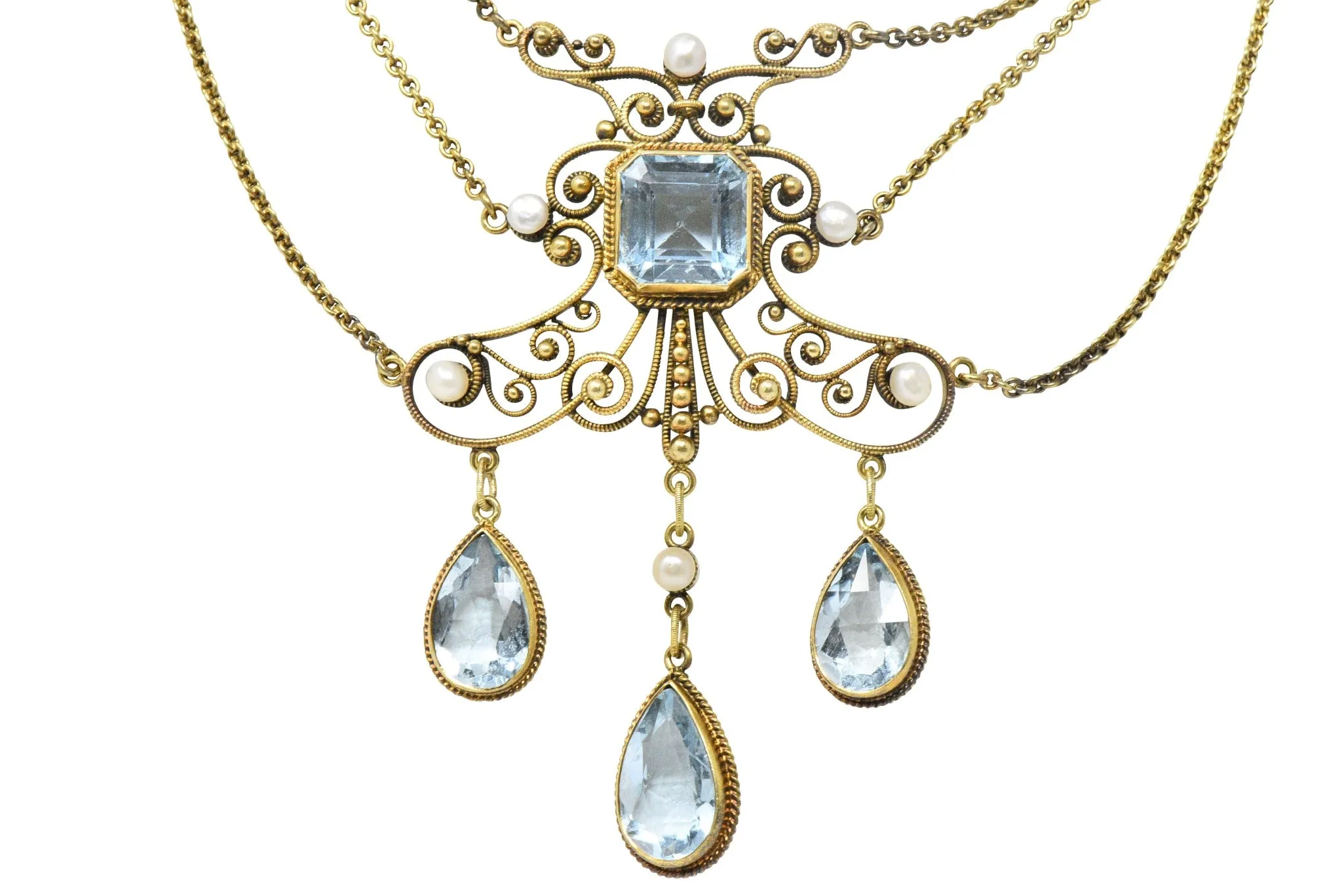 Victorian 10.00 CTW Aquamarine Seed Pearl 14 Karat Gold Swag Necklace