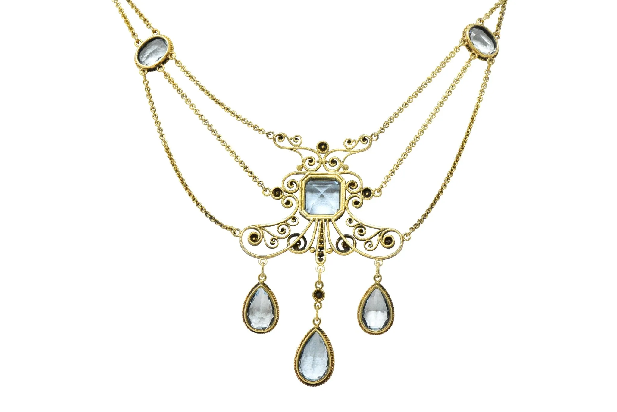 Victorian 10.00 CTW Aquamarine Seed Pearl 14 Karat Gold Swag Necklace