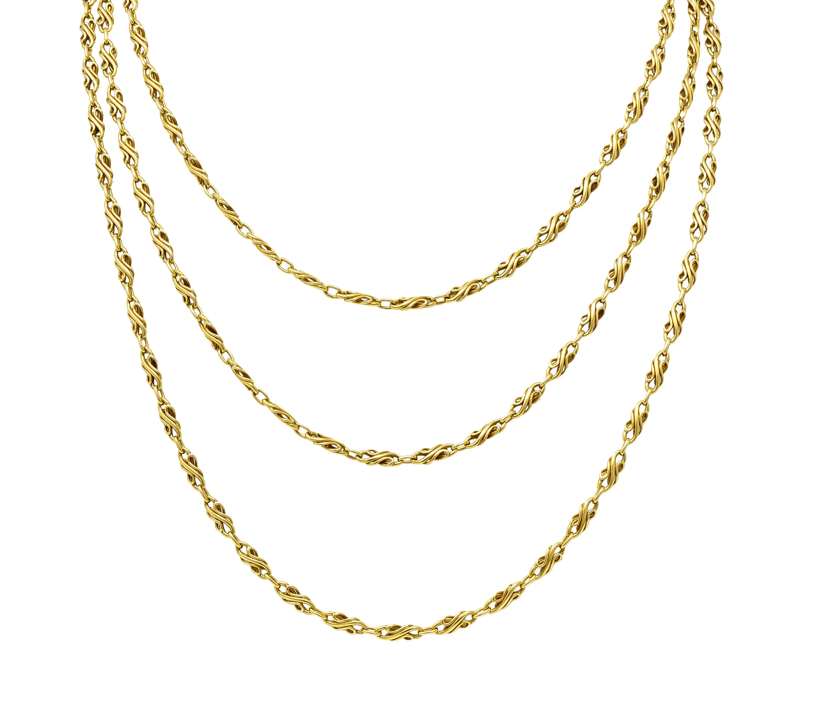Victorian 18 Karat Yellow Gold 55 1/2 Inch Long Scrolling S Link Antique Chain Necklace