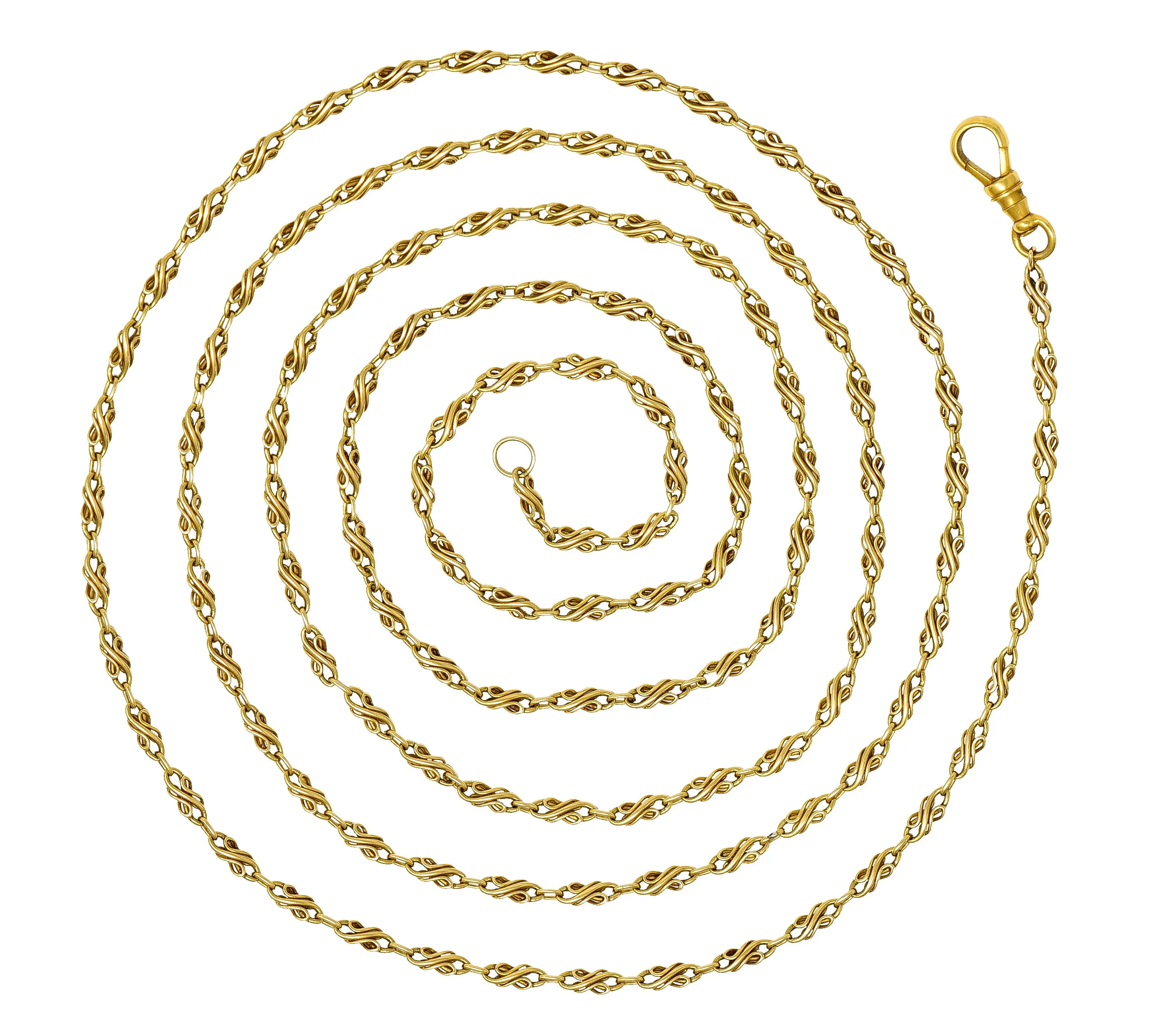 Victorian 18 Karat Yellow Gold 55 1/2 Inch Long Scrolling S Link Antique Chain Necklace