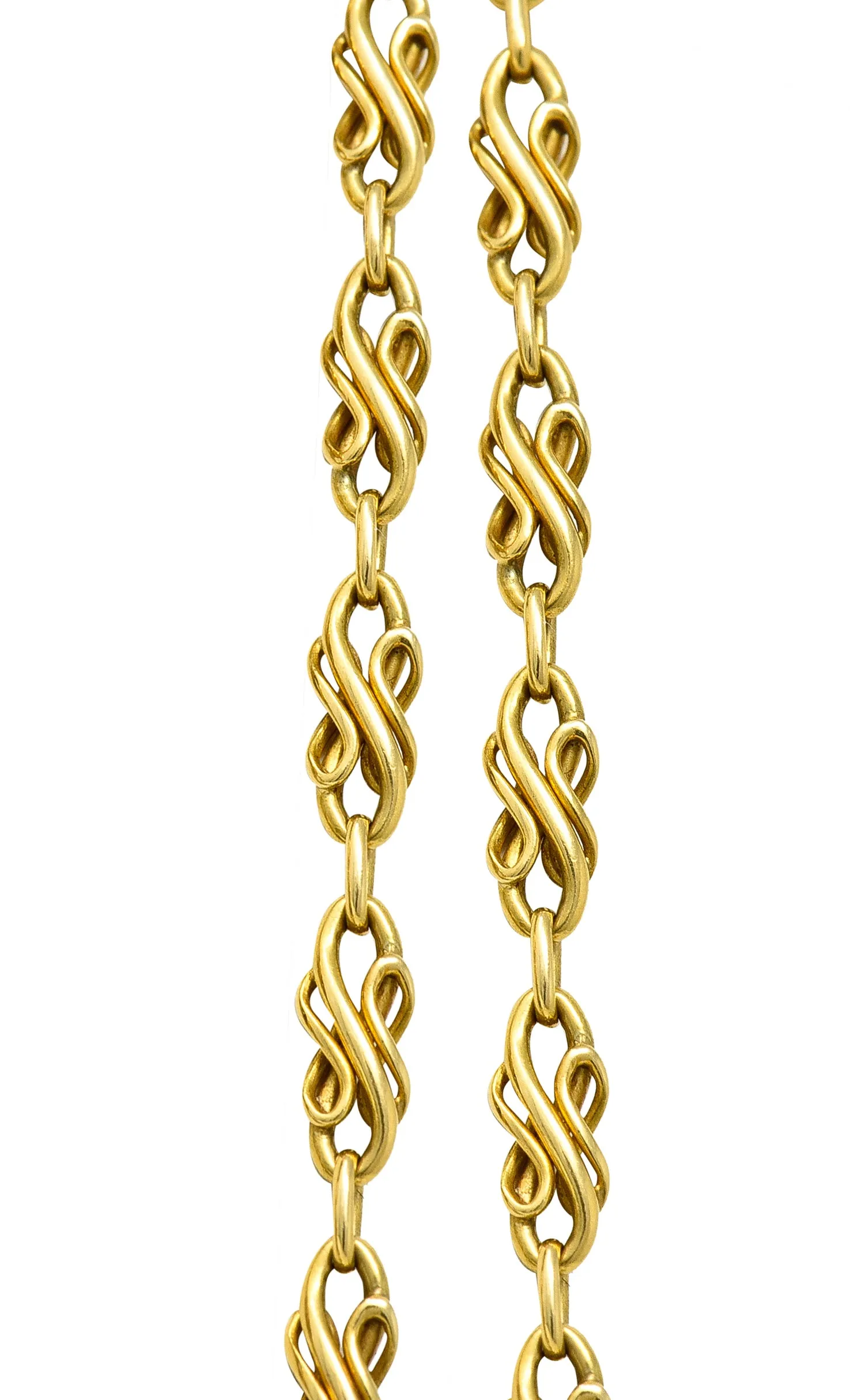 Victorian 18 Karat Yellow Gold 55 1/2 Inch Long Scrolling S Link Antique Chain Necklace