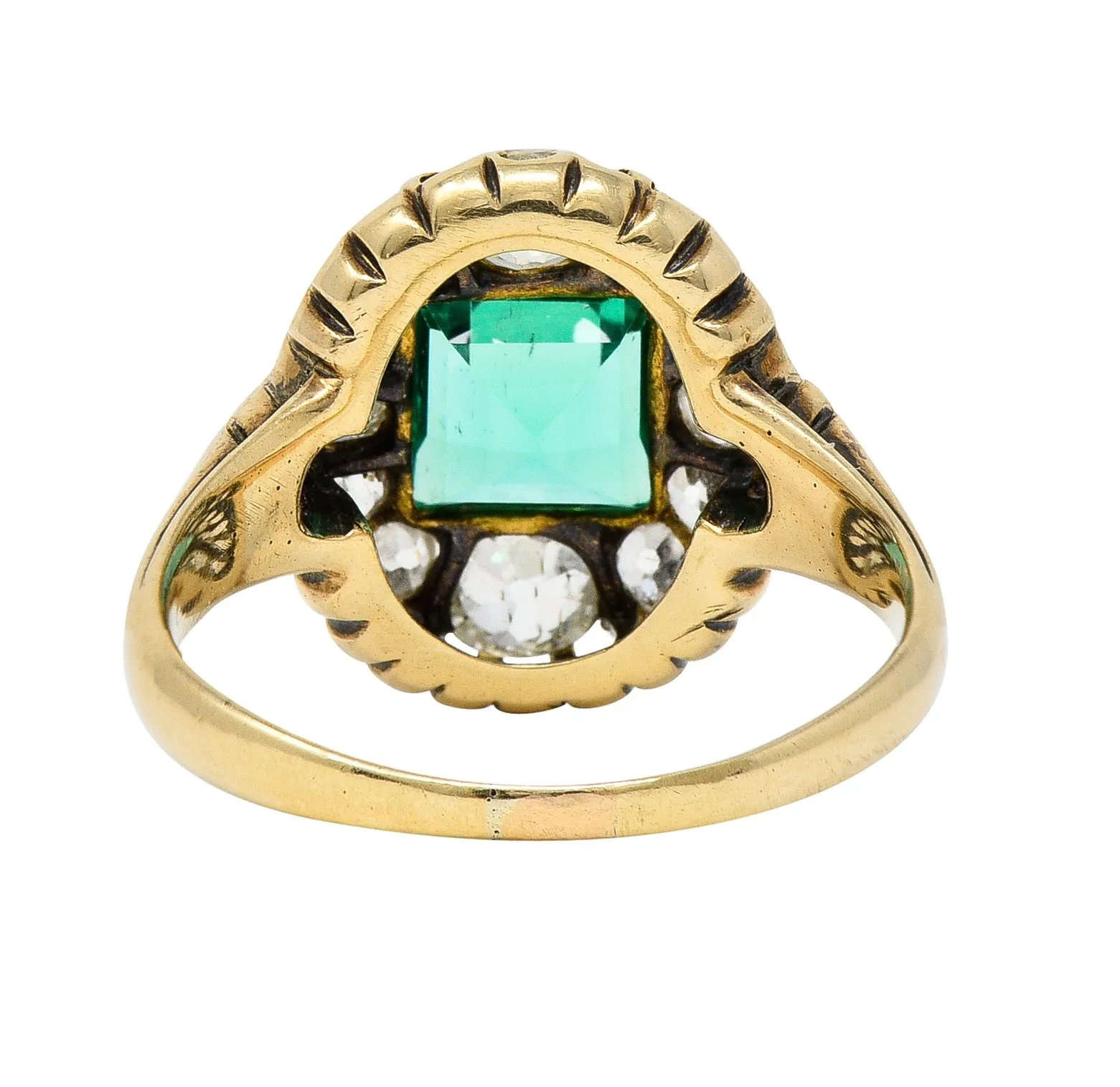 Victorian 1.88 CTW No Oil Colombian Emerald Old Mine Cut Diamond 14 Karat Yellow Gold Antique Halo Ring GIA