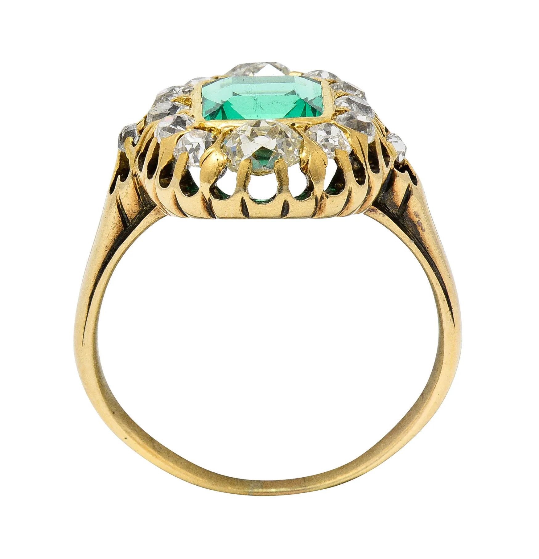 Victorian 1.88 CTW No Oil Colombian Emerald Old Mine Cut Diamond 14 Karat Yellow Gold Antique Halo Ring GIA