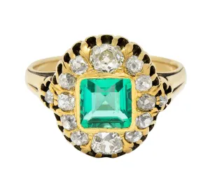 Victorian 1.88 CTW No Oil Colombian Emerald Old Mine Cut Diamond 14 Karat Yellow Gold Antique Halo Ring GIA